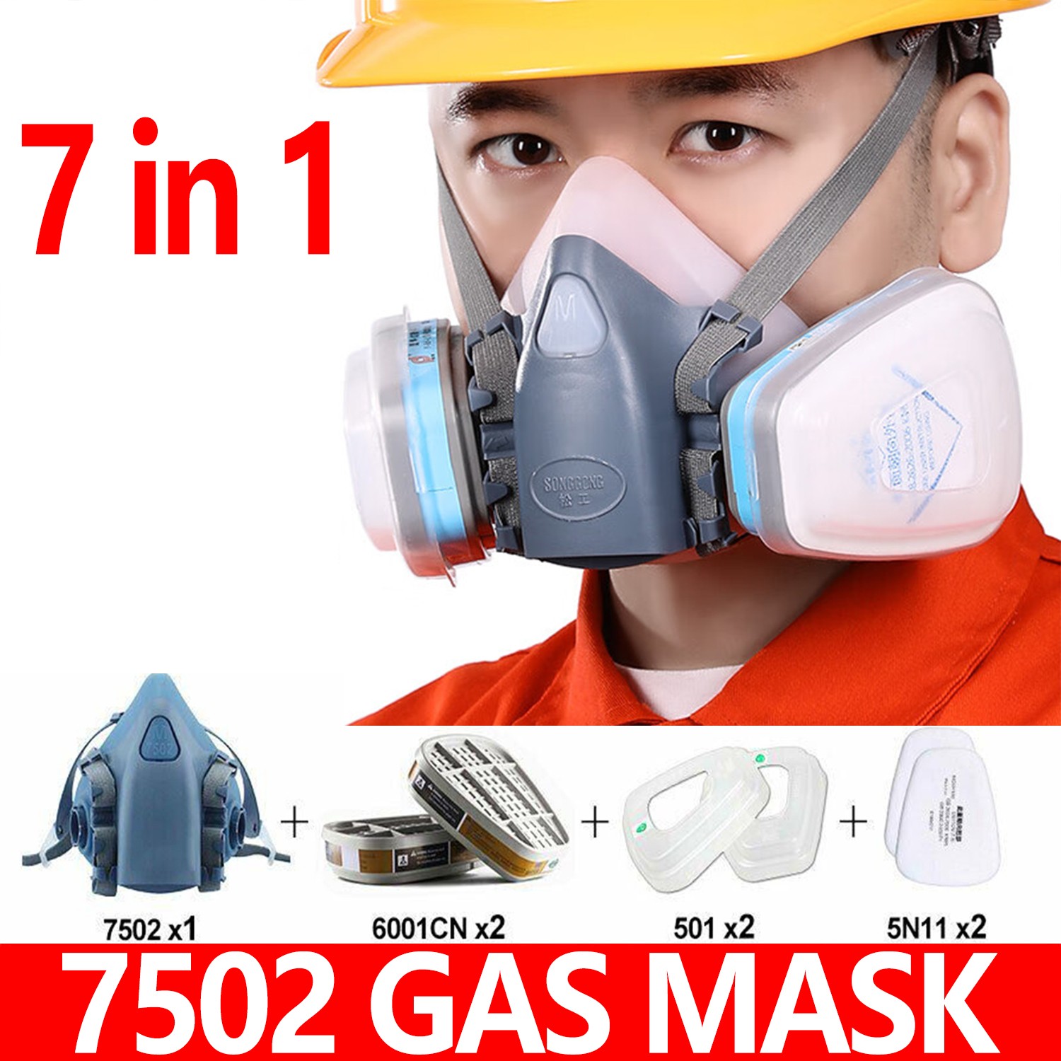 7 in1 7502 Painting Spray Half Face Gas Mask Chemical Epoxy Resin Respirator PPE
