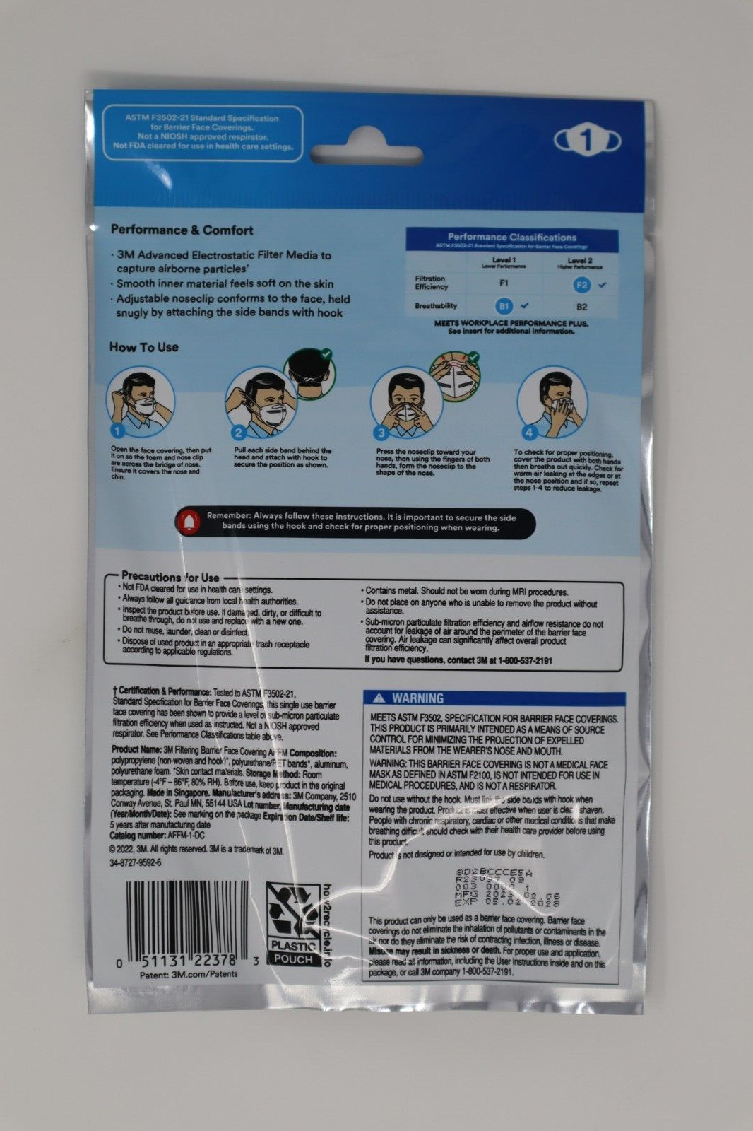 20-Pack 3M Filtering Barrier Face Covering, Adult Sized Single Use, ASTM Tested