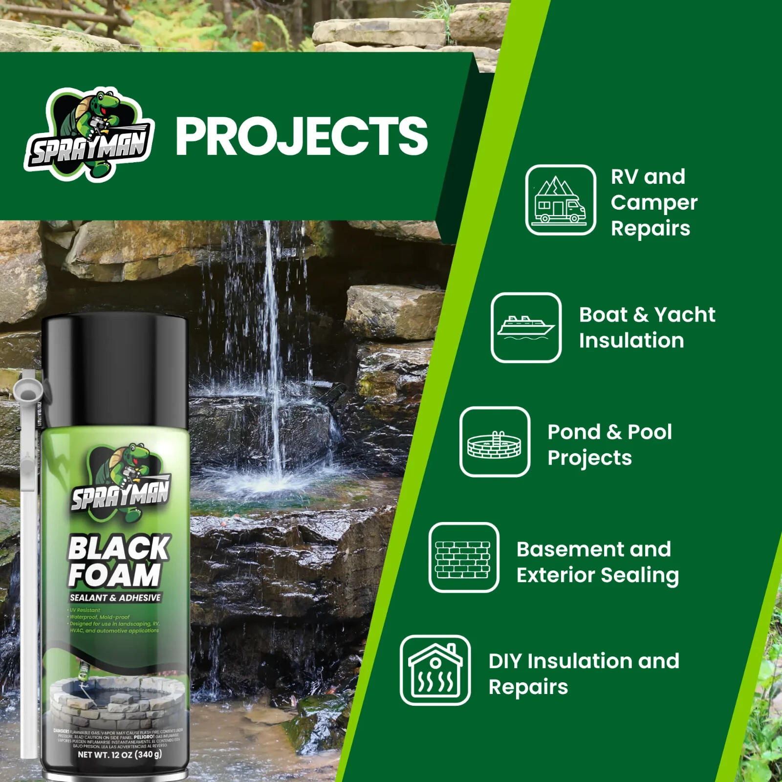 Sprayman Black Foam Sealant – Pond Waterfall Landscaping, 12oz 2 Pk – Straw Use