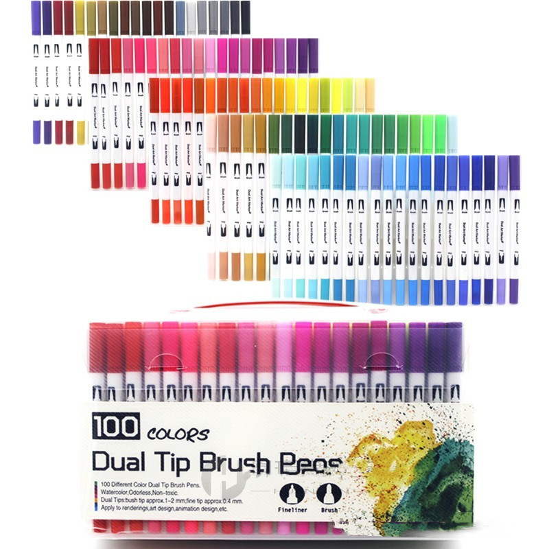 100 Colors Watercolor Dual Tip Brush Marker Pen Fineliner Ar