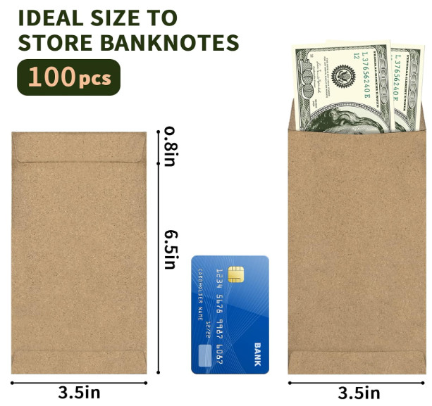 100 Pack Kraft Cash Envelopes for Budgeting, 6.7 x 3.5 Inch Large Pack