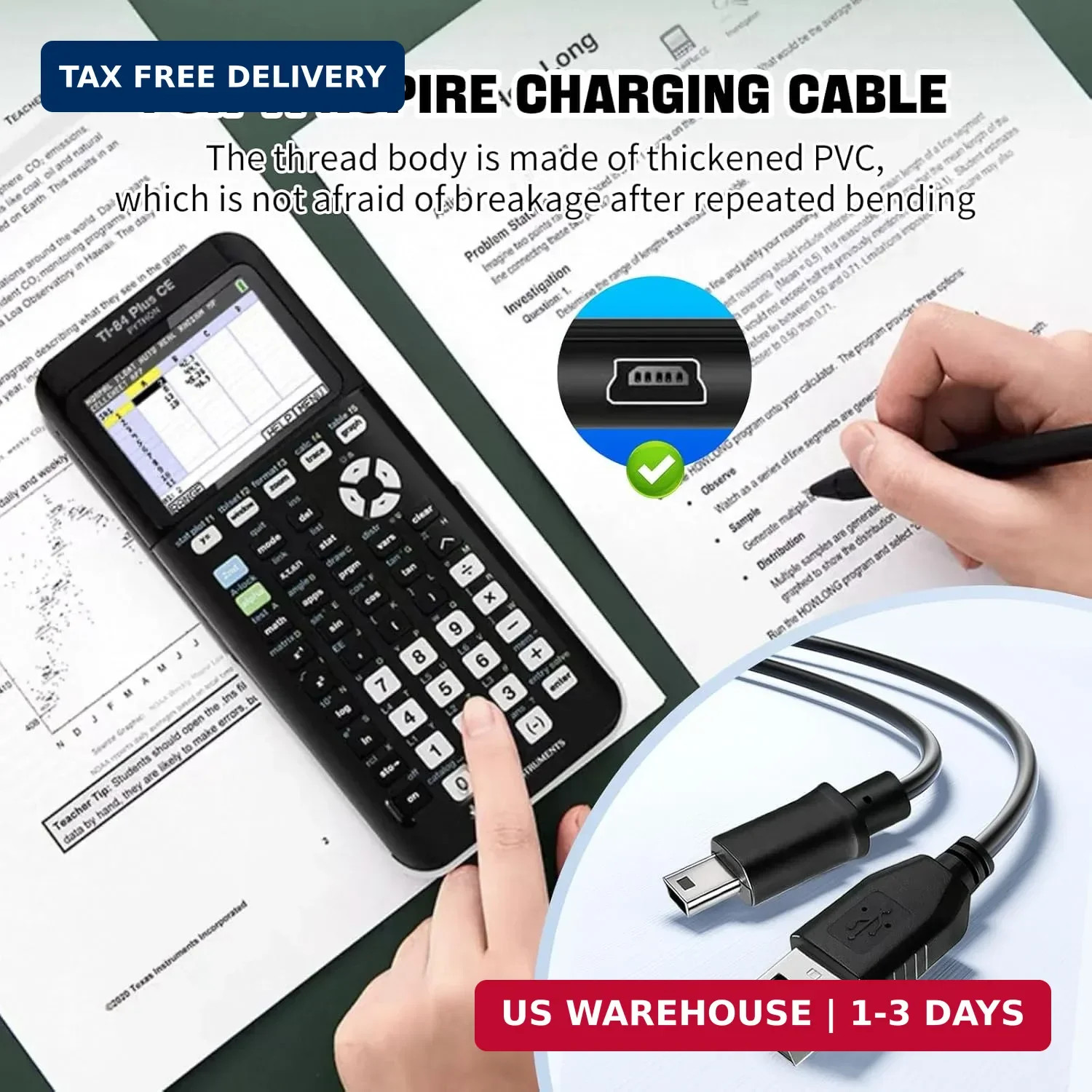 Ti-84 Plus ce Charger, ti84 Charger Cable for Texas Instruments Black