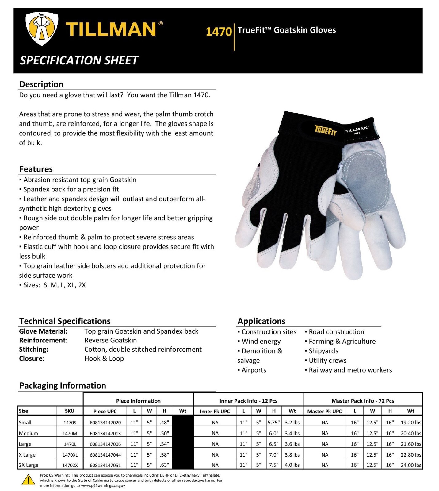 Tillman 1470 TrueFit Premium Top Grain Goatskin Performance Work Gloves SM-2XL