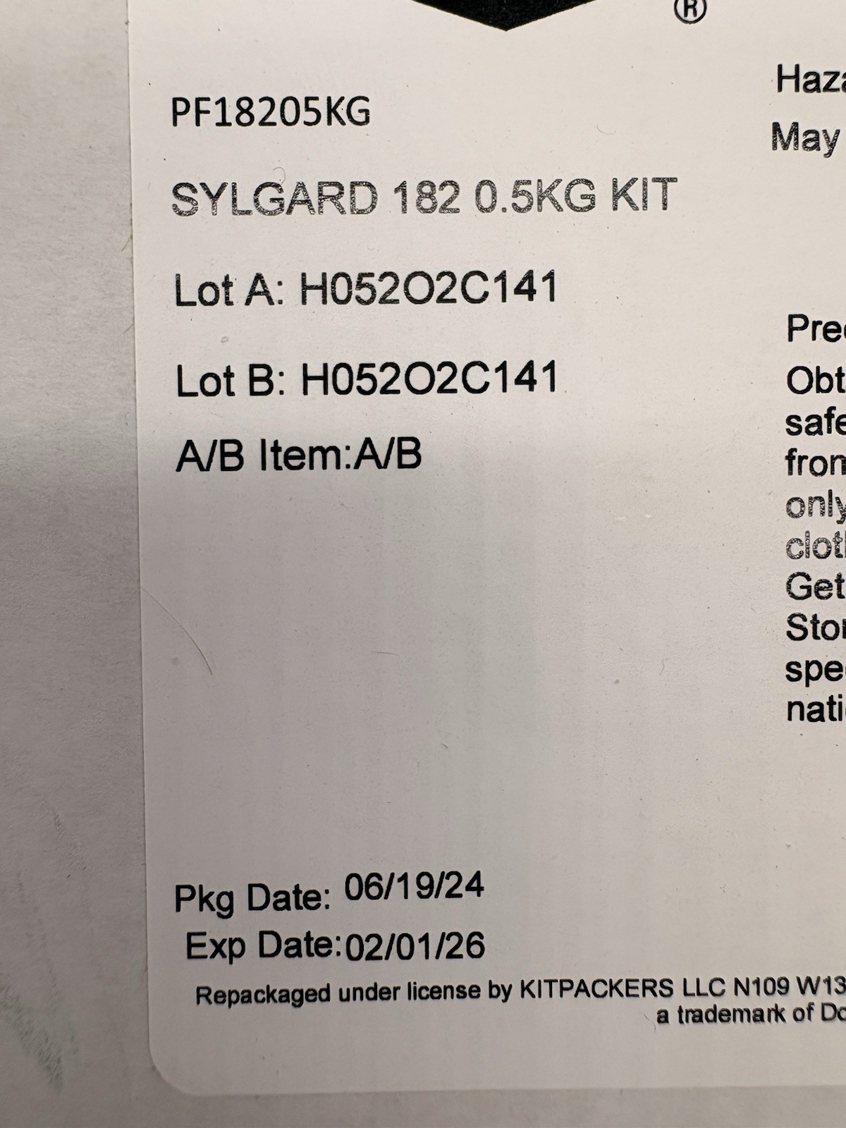 Dow Sylgard 182 Silicone Elastomer Kit A&B 1.1LB/0.5KG