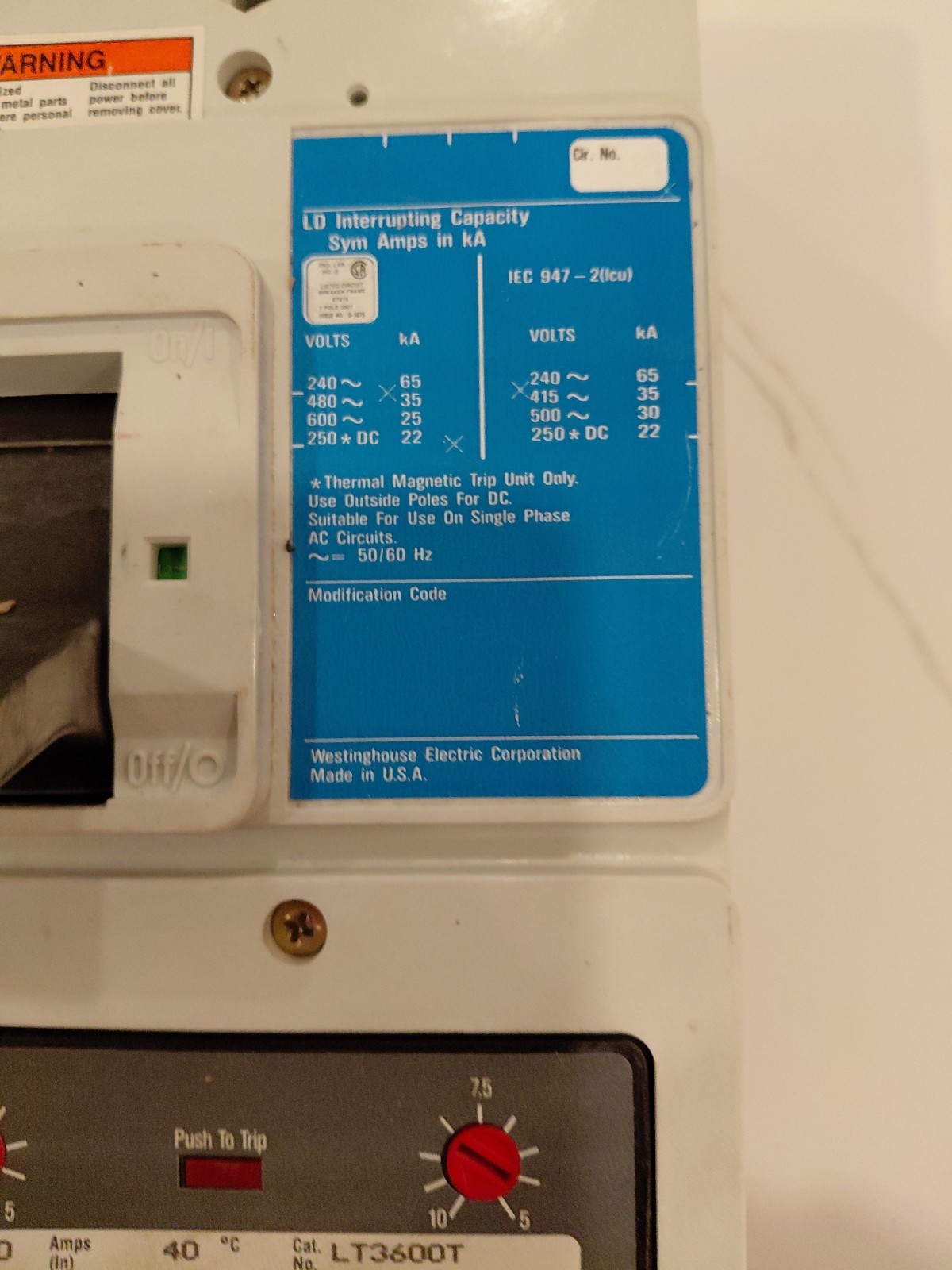 Westinghouse LD3600F 600Amp 600Volt 3Pole Bolt-On Breaker w/ 6000Amp Trip Unit