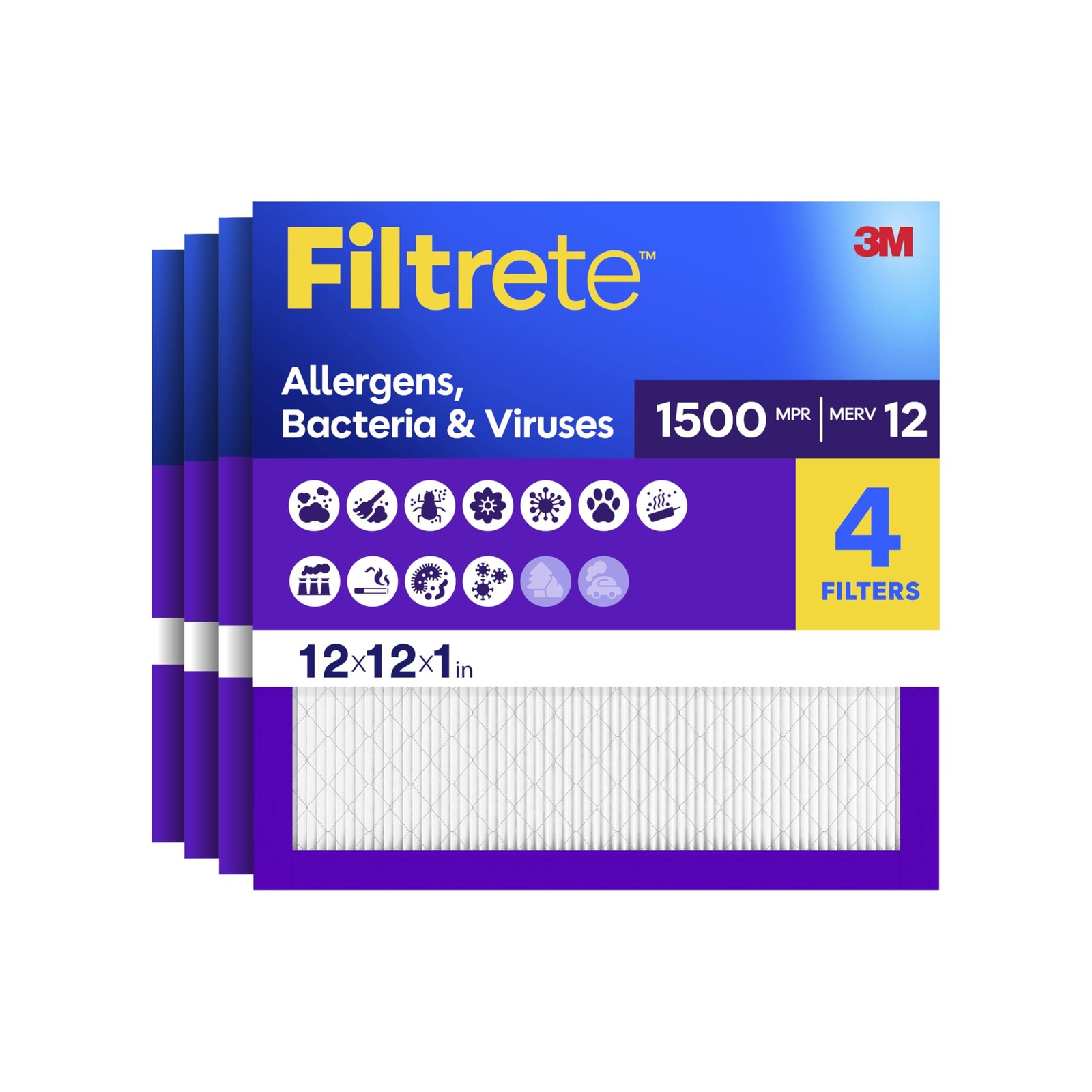 Filtrete 12X12X1 Air Filter Merv 12 Mpr 1500 Allergens Bacteria Viruses 3-Month