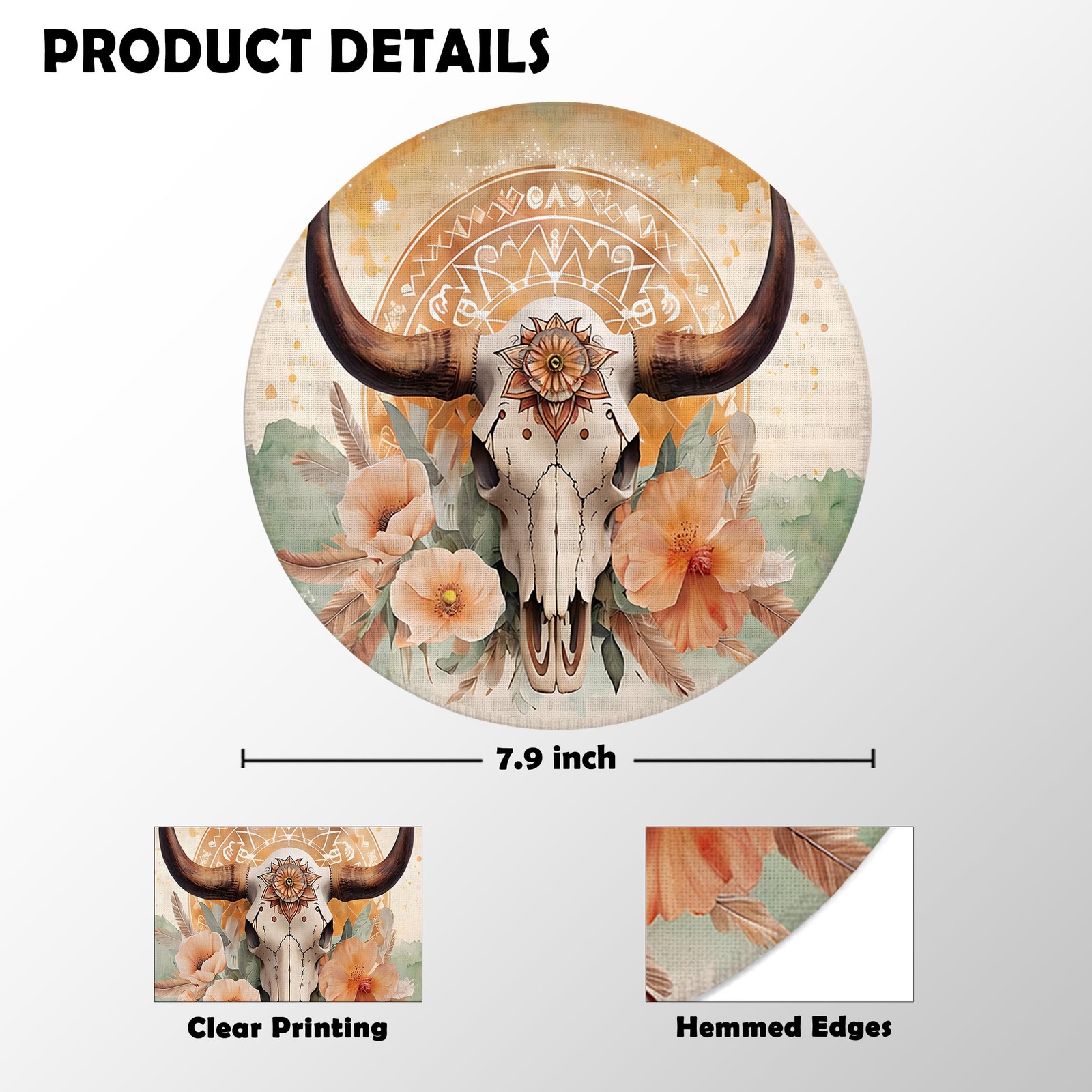 BILLAION Boho Western Bull Skull Floral Mouse Pad for 7.9×7.9 inches, 23-SBD