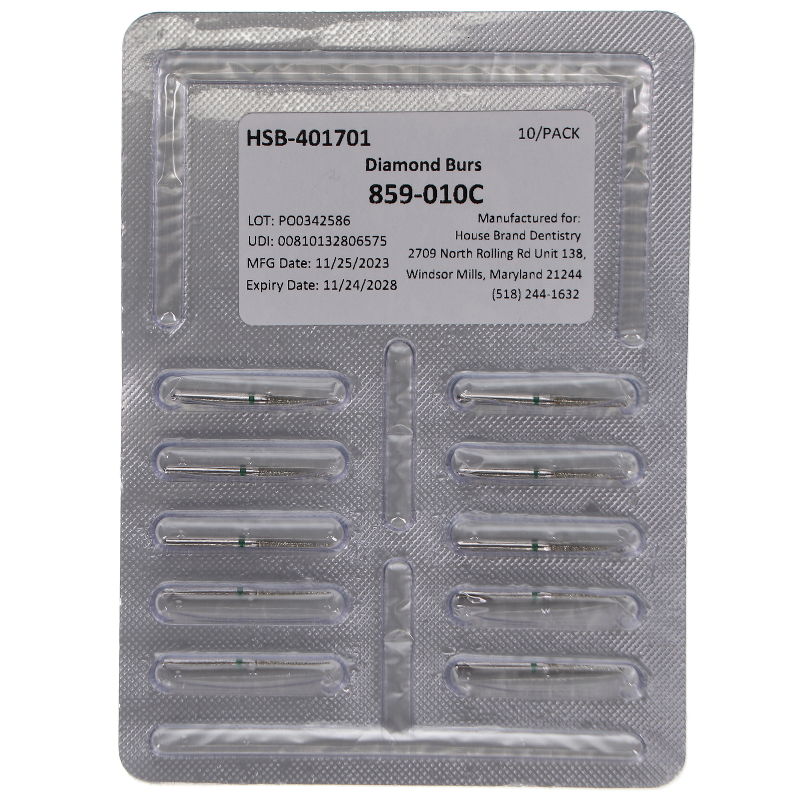 House Brand Dentistry 401701 FG 859-010C Needle Coarse Grit Diamond Burs 10/Pk