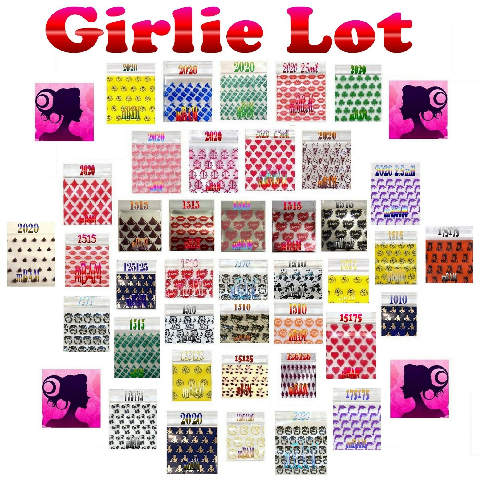 100 2.5 3.0 MIL GIRLIE LOT APPLE ZIP BAGGIES HEART SILVER METALLIC