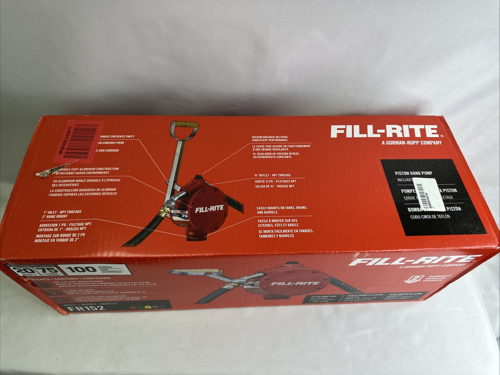 Fill-Rite FR152 Piston Hand Pump with Hose & Nozzle Spout, Red – New