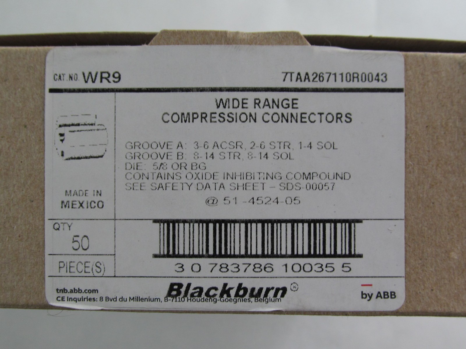 50-PACK ABB BLACKBURN WR9 WIDE RANGE COMPRESSION CONNECTORS H-TAP