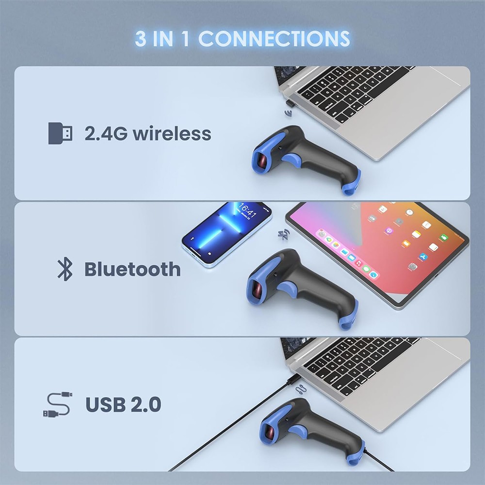 2D Bluetooth Wireless Barcode Scanner Handheld Cordless USB QR Code Reader Blue