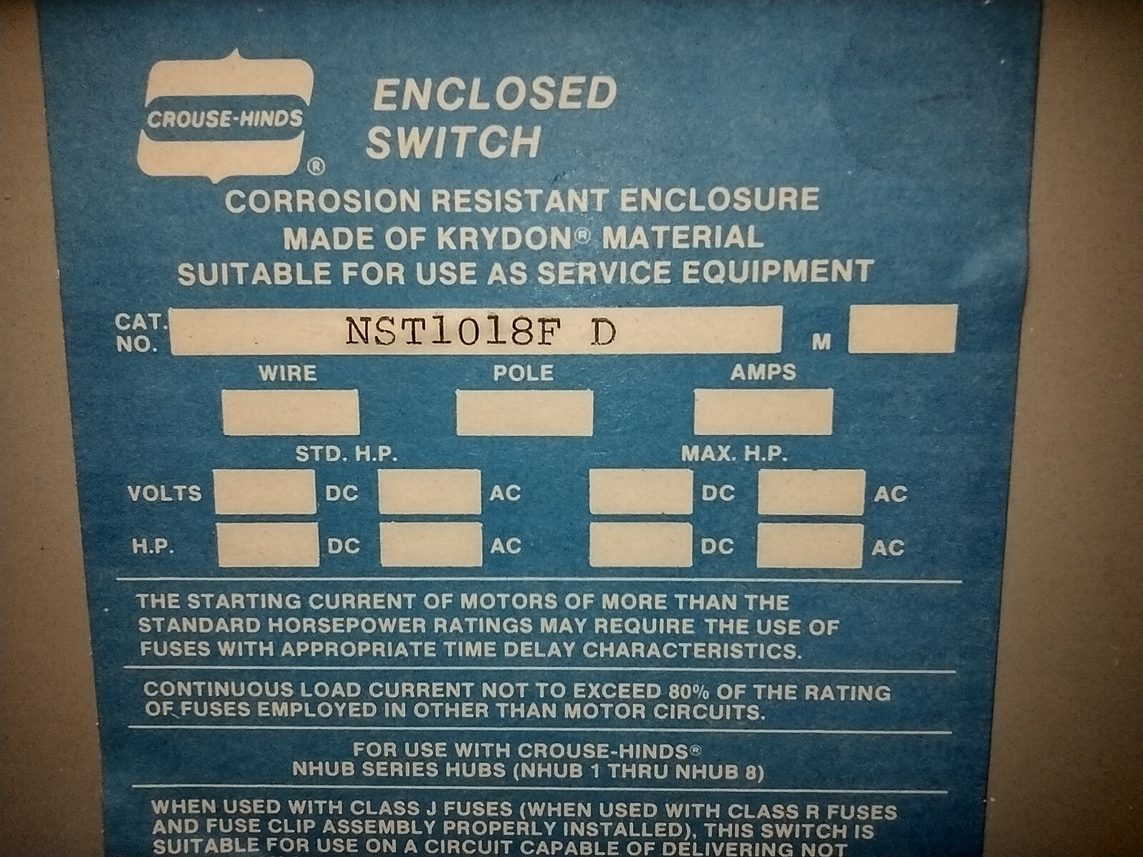 Crouse-Hinds NST1018F D Krydon Enclosed Safety Switch, w/Square D HU-30-SV 30A