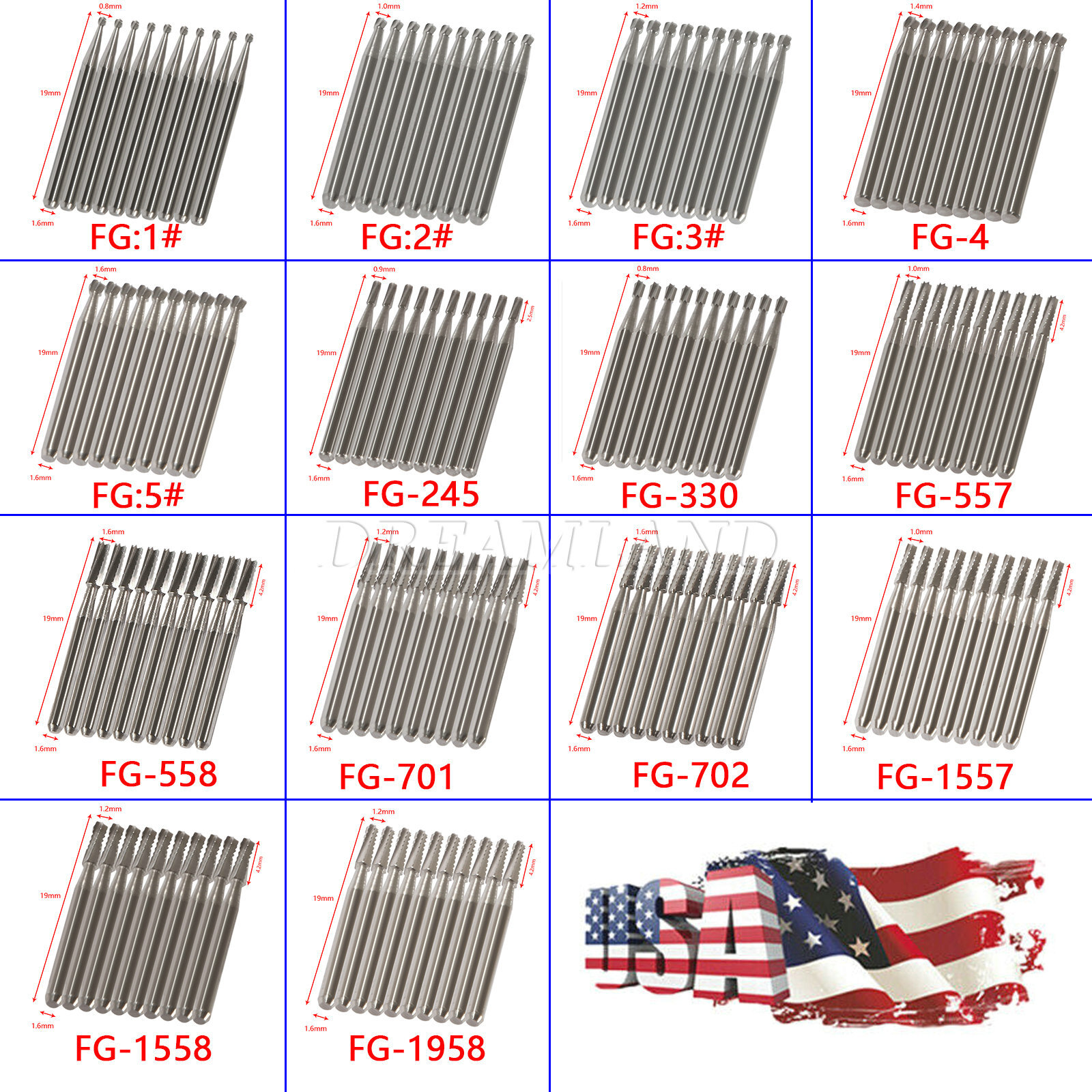 USA Dental Carbide Burs FG Round 19mm/Surgical Burs 25mm 40 Types For High Speed
