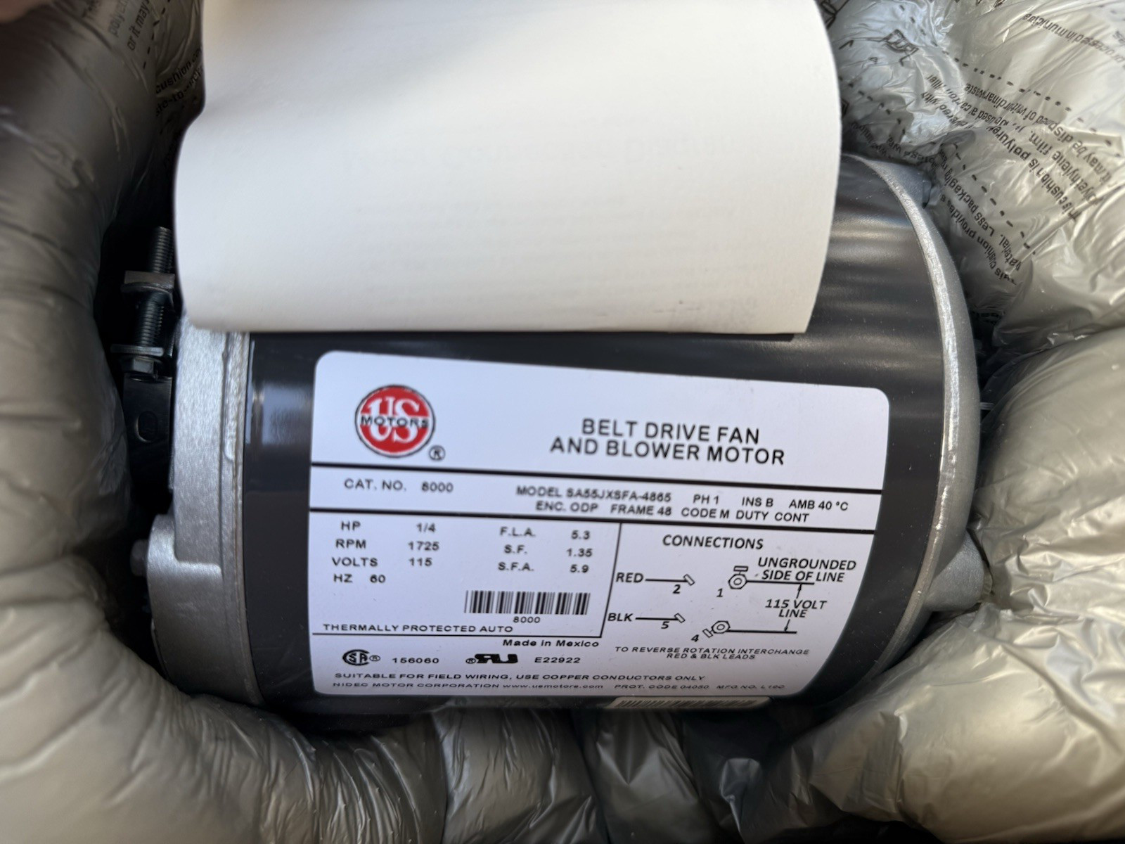 US MOTORS 8000 BELT DRIVEN FAN & BLOWER MOTOR 1/4 HP 115 V 5.3 AMPS New In Box