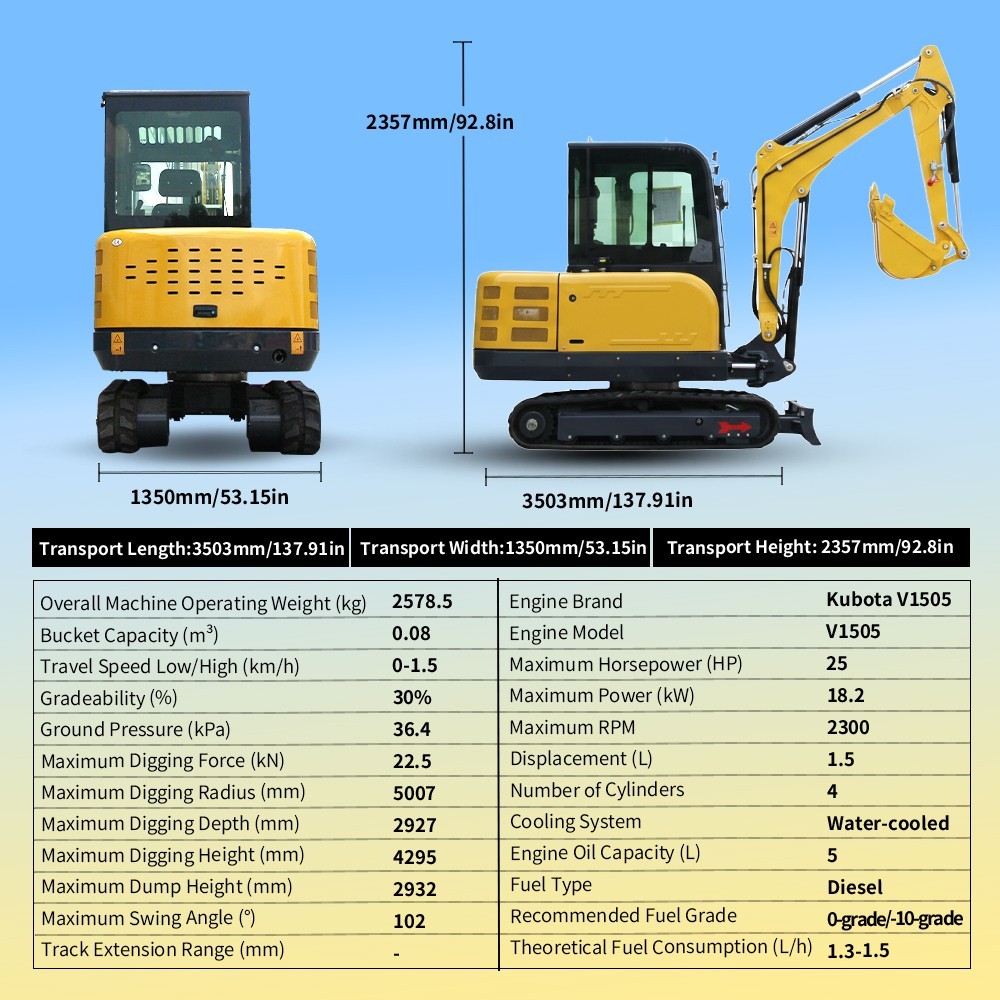 3.5 Ton Kubota 25HP Diesel Mini Excavator, Side Swing Boom Mini Digger EPA