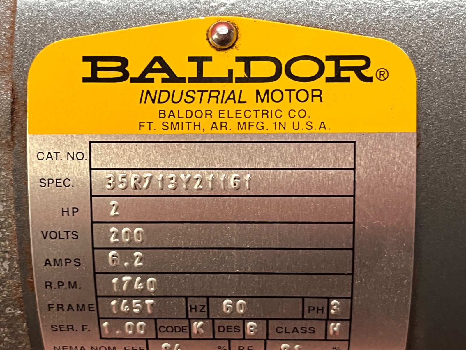Used Baldor-Reliance Industrial Motor 2 HP 1740RPM 200V 6.2A Good Condition