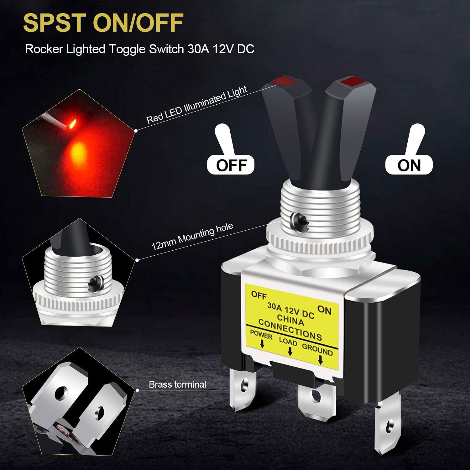 3Pcs Rocker Lighted Toggle Switch 30A 12V DC SPST ON/OFF 3Pin Car Automotive …