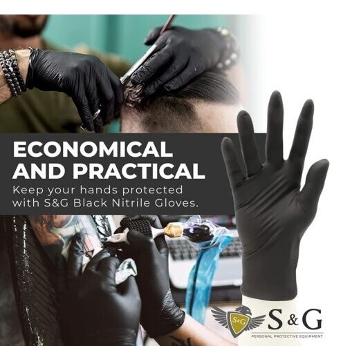 S&G Black Nitrile Gloves Latex Powder Free 3 Mil 1000pcs XS/S/M/L/XL