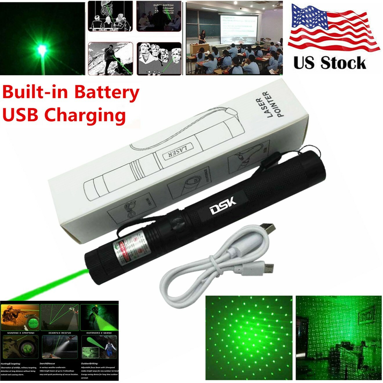 1mw 990Miles Green Laser Pointer Pen USB Rechargeable 532nm Visible Beam Lazer