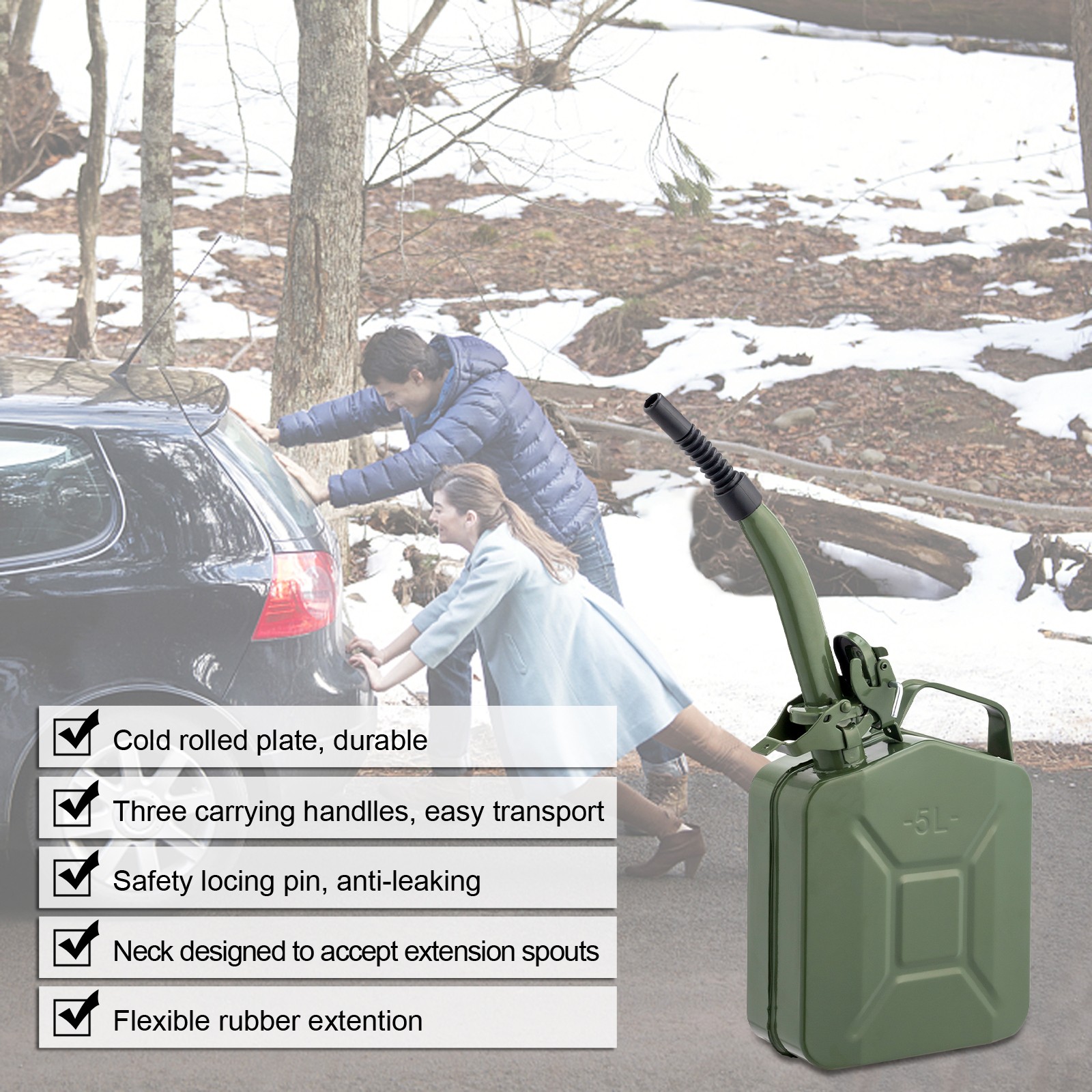 Practical 5L 0.6mm Can Gasoline Jerry Can Steel Tank Emergency Backup Green