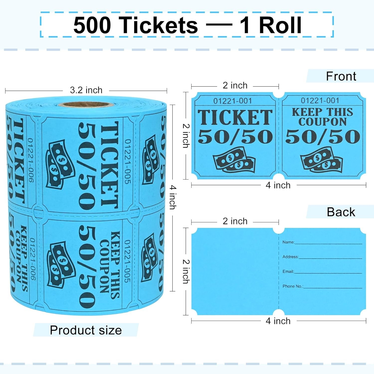ESSENTIAL 500 Double Roll Raffle Tickets, 50/50 Cards, Entry Form Blue