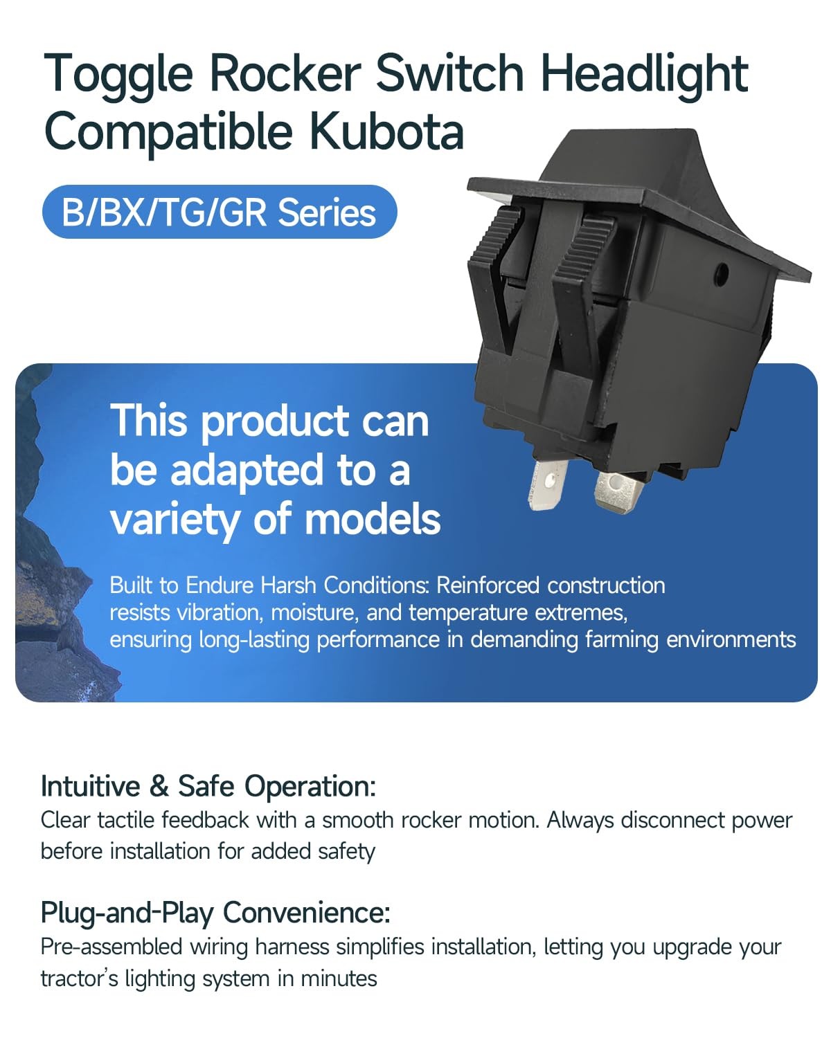 Toggle Rocker Switch Headlight, Kubota B, BX, TG, GR Series, K1122-62212