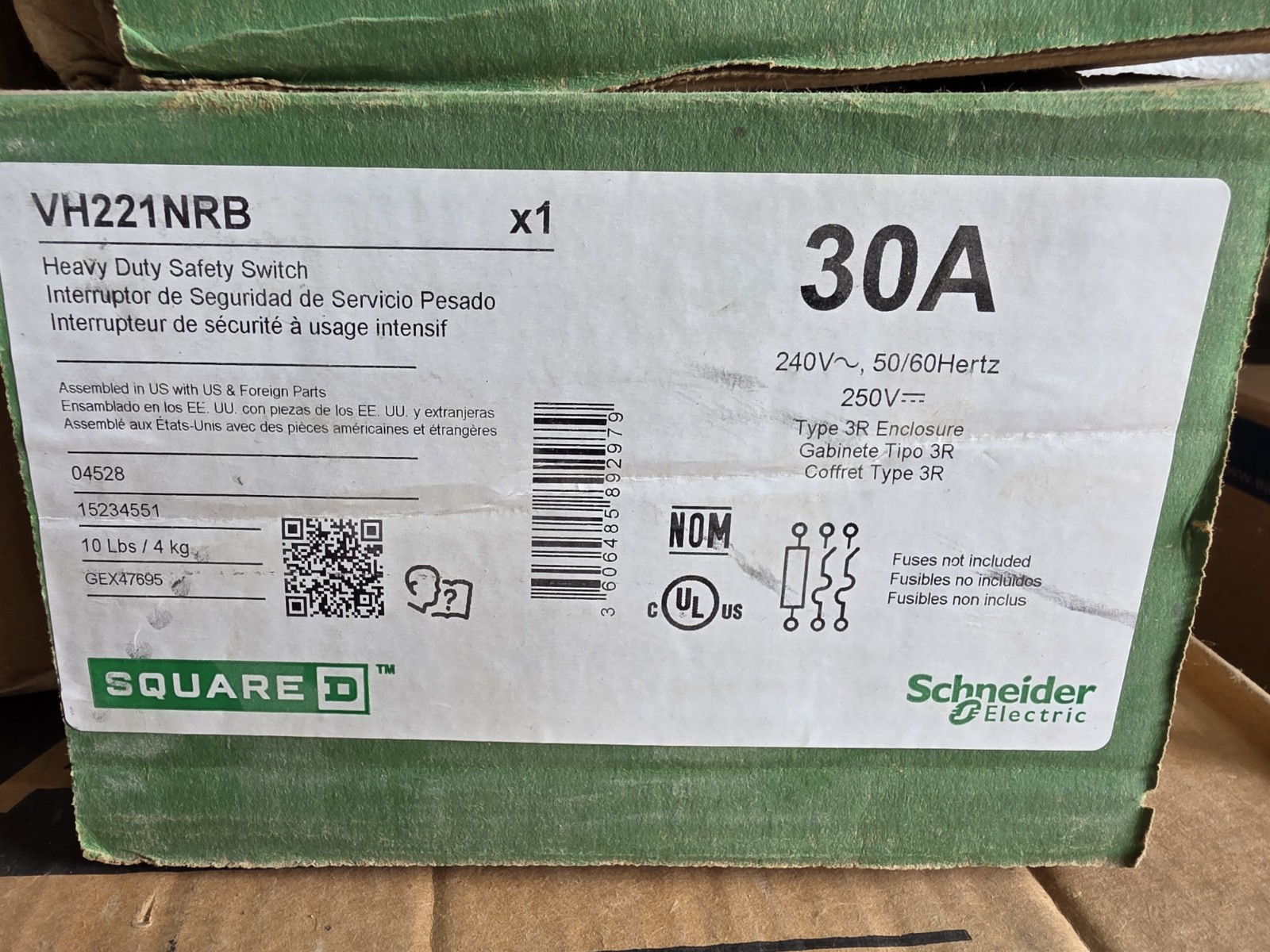 New Square D VH221NRB 30A 240v 2 Pole Fusible S/N NEMA 3R Disconnect Switch