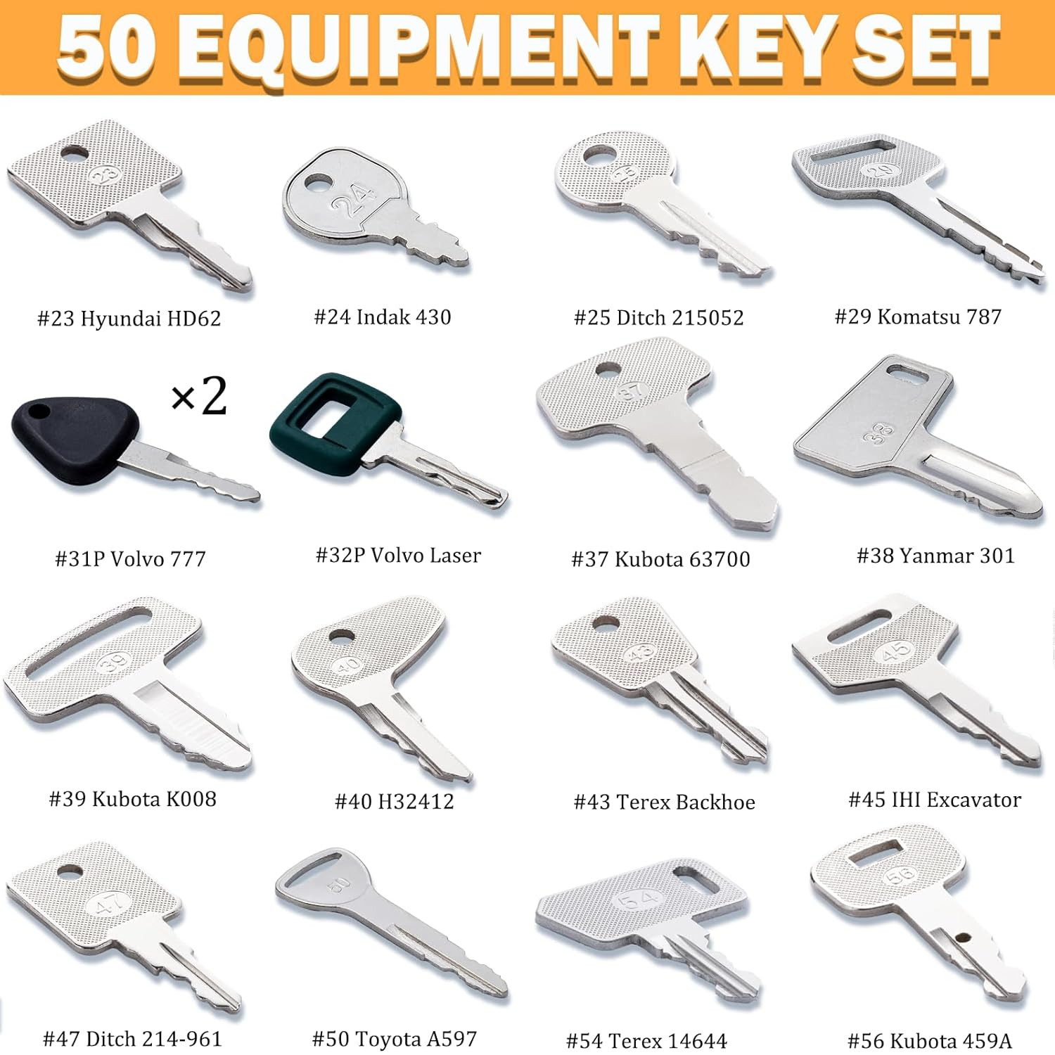 50 Heavy Equipment Ignition Keys for CAT, John Deere, Komatsu, & More