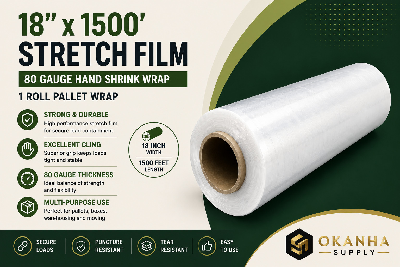 18″ x 1500′ 80 Gauge Clear Stretch Film Hand Pallet Wrap 1 Roll Heavy Duty