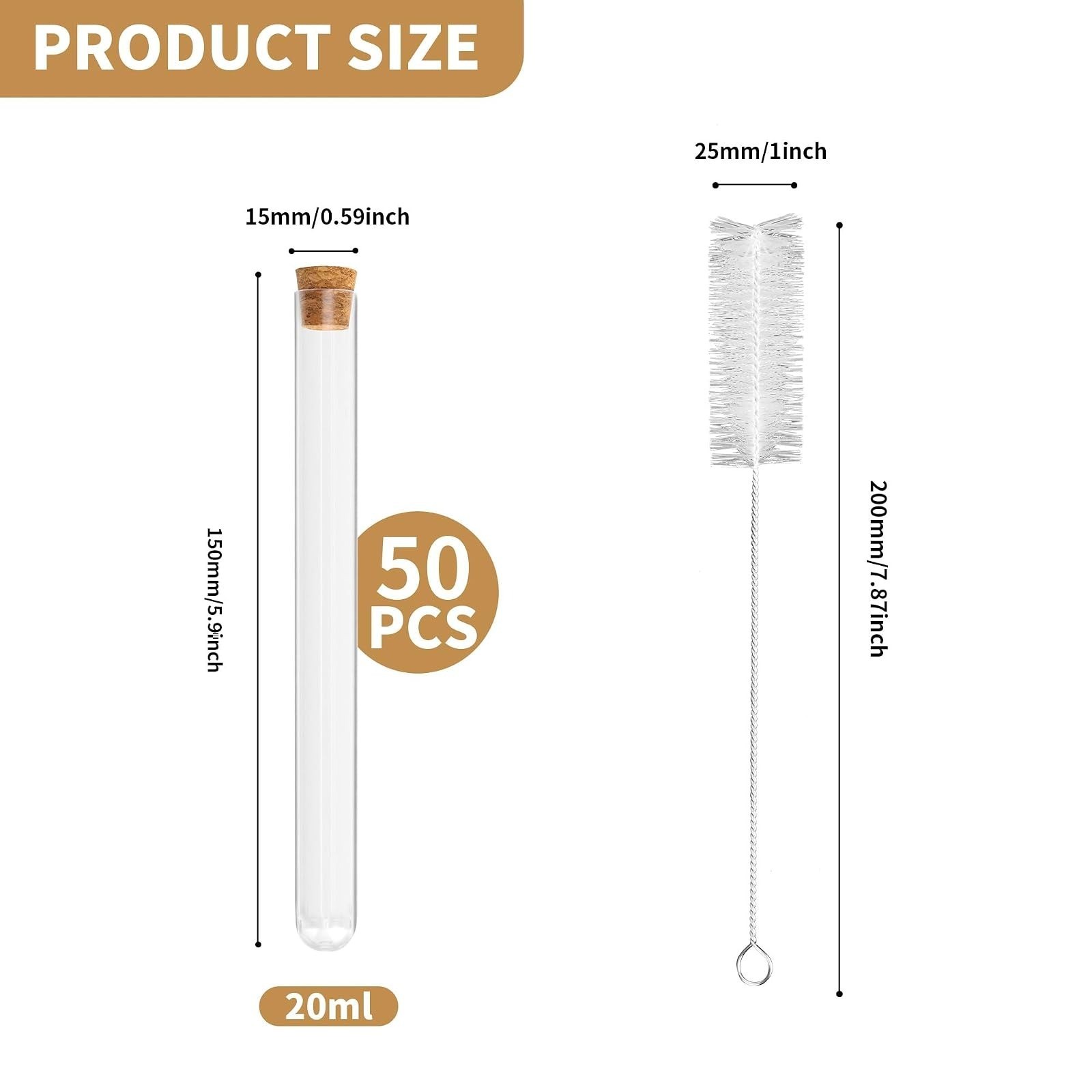 50 Pcs 20ml Test Tubes with Cork Stoppers | Clear Plastic Storage Tubes
