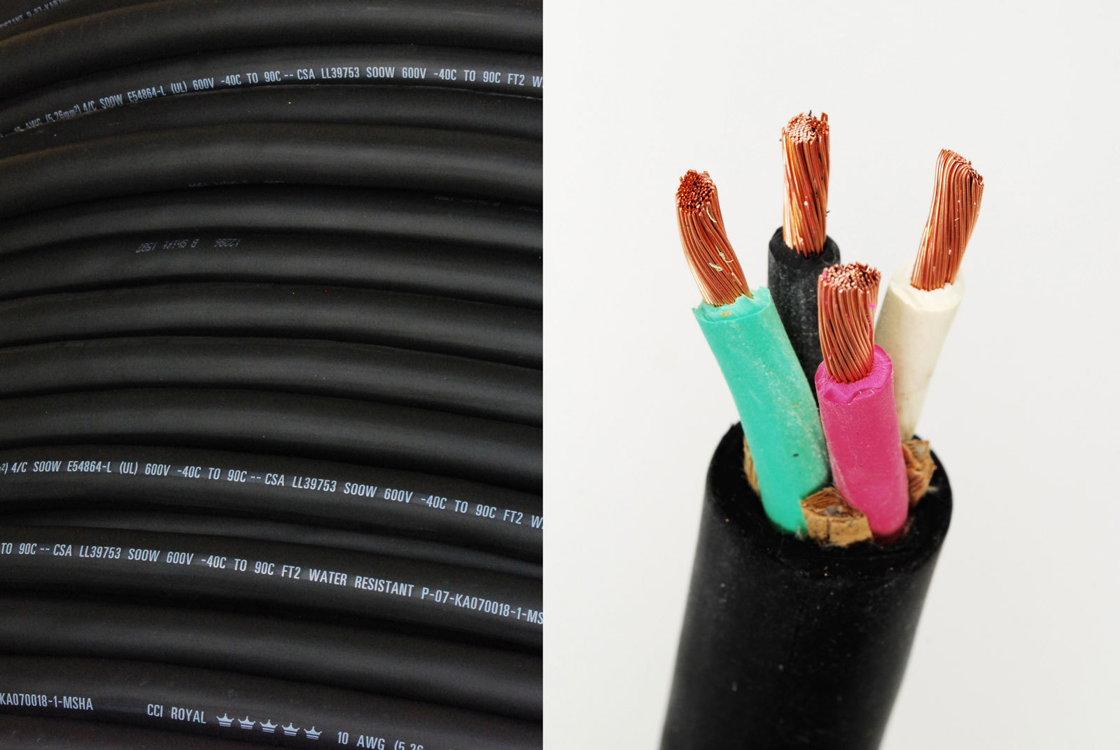 24050 50′ 2/4 Wire Cord SOOW , Rubber Coated, 2 Gauge, 4 Conductor, 600V