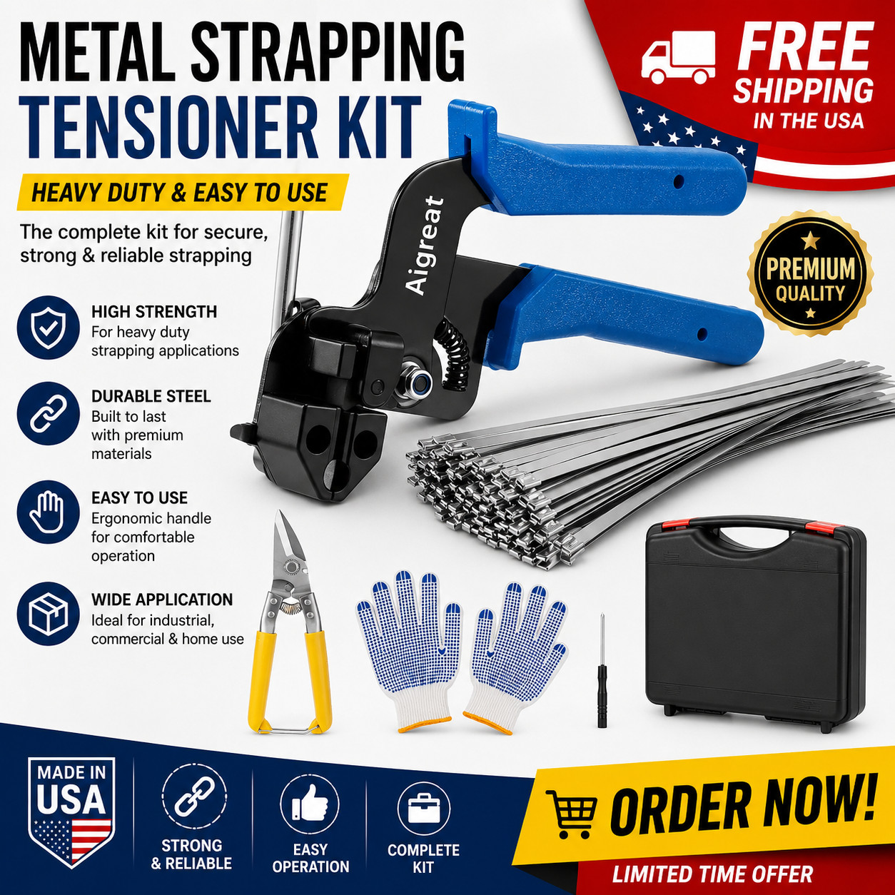 Metal Zip Ties Tool Set, Cable Tie Gun Kit with 100pcs Stainless Steel Wire Ties