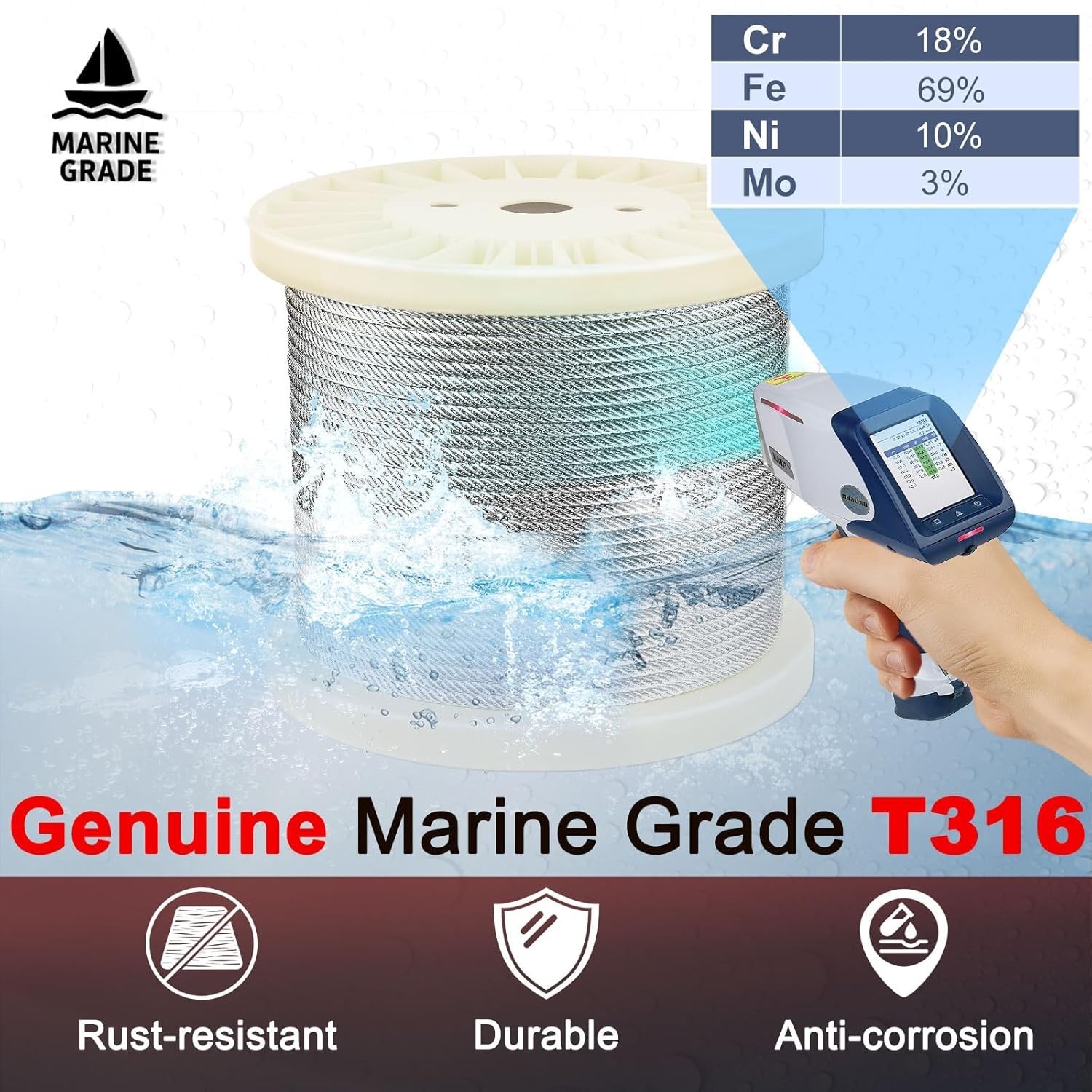 650FT 1/8″ T316 Stainless Steel Cable 7×7 Marine Grade Railing Wire 1800lbs ASTM