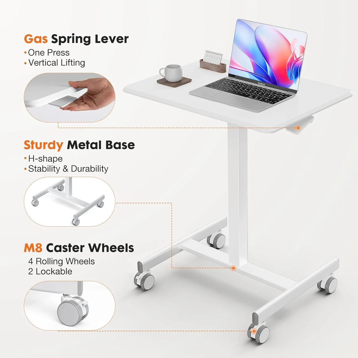Mobile Rolling Desk, Small Standing Desk with Wheels | Adjustable Height White
