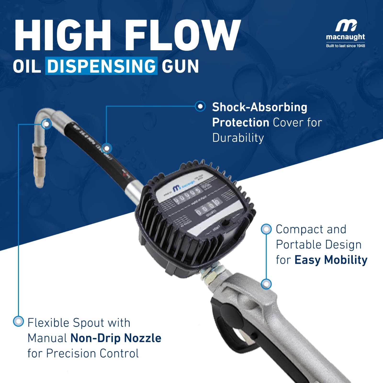 Macnaught Pneumatic Oil Gun with Mechanical Meter, 1/2″ NPT, for Oils & Fluids