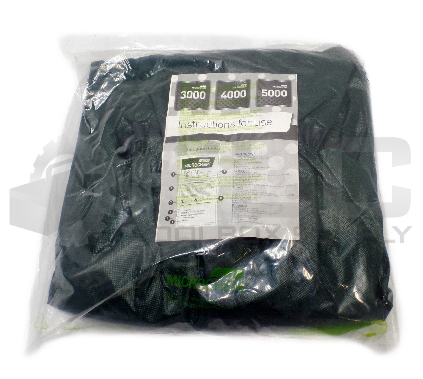 NEW MICROCHEM 4000 GR40-T-90-111-06 GREEN COVERALL SUIT-HOOD, DBL ZIP, SIZE 2XL