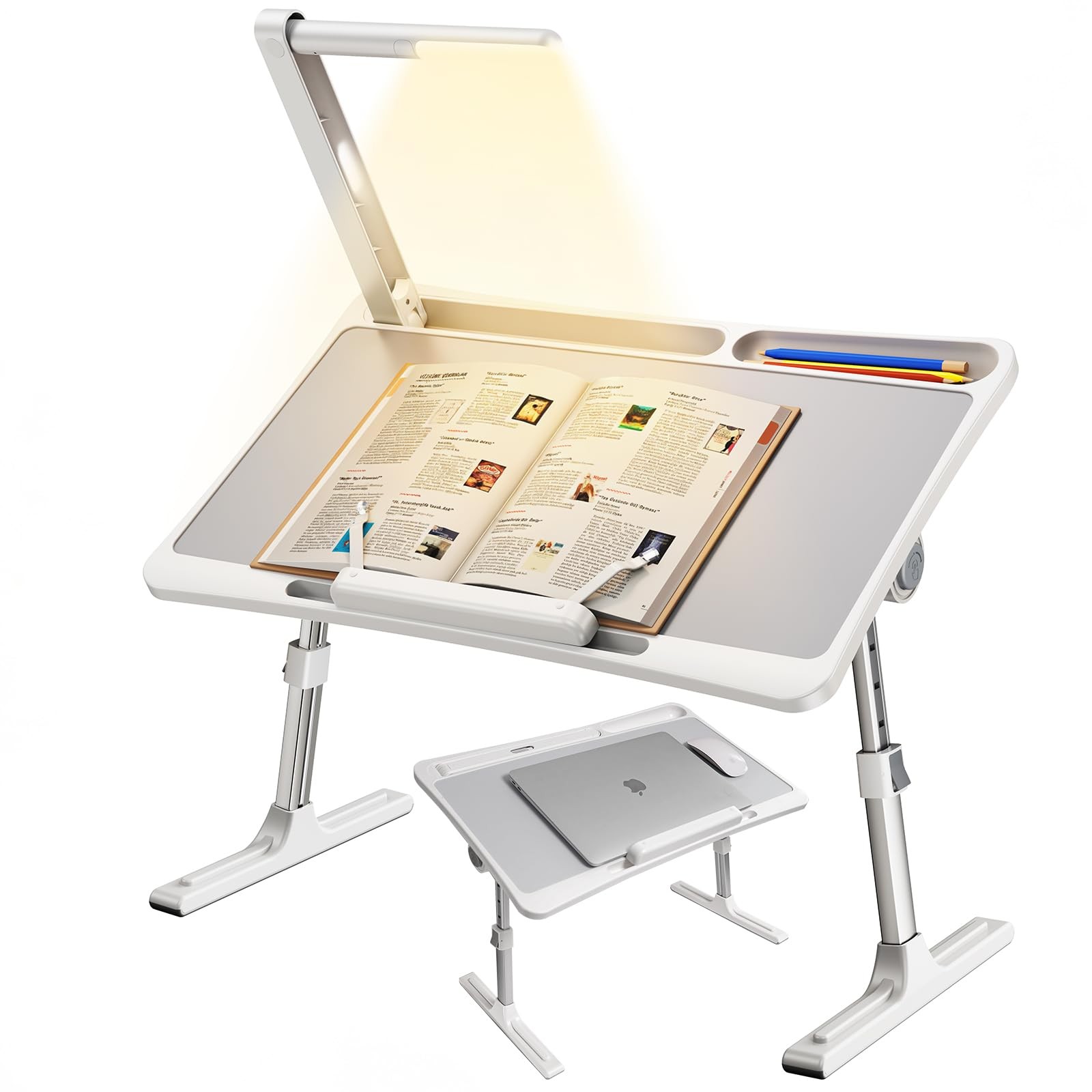 Laptop Desk Bed Table with LED Light,Adjustable Lap lapdesk light, White