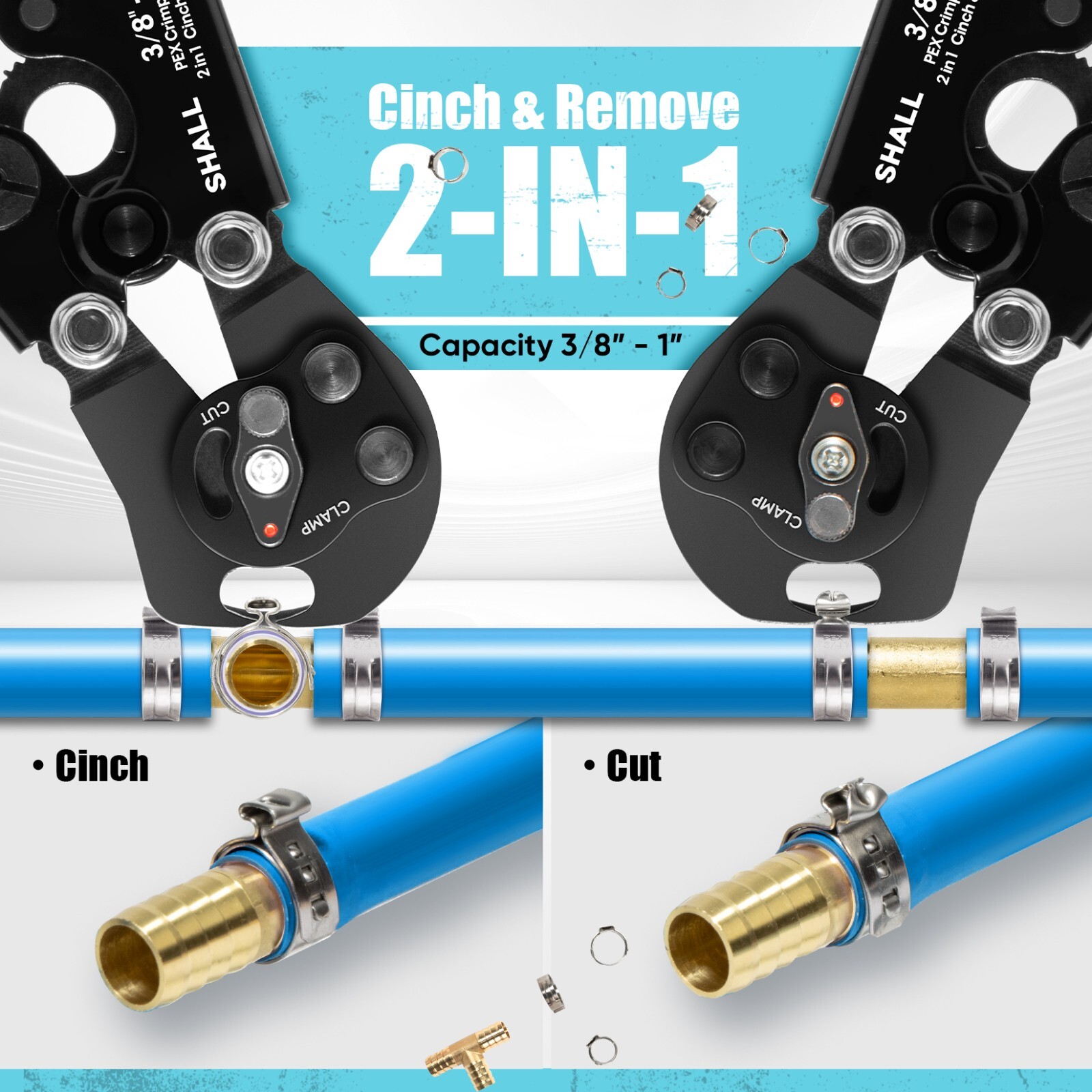 SHALL 2-IN-1 Pex Crimping Clamp Cinch & Remove Tool with Pipe Hose Cutter