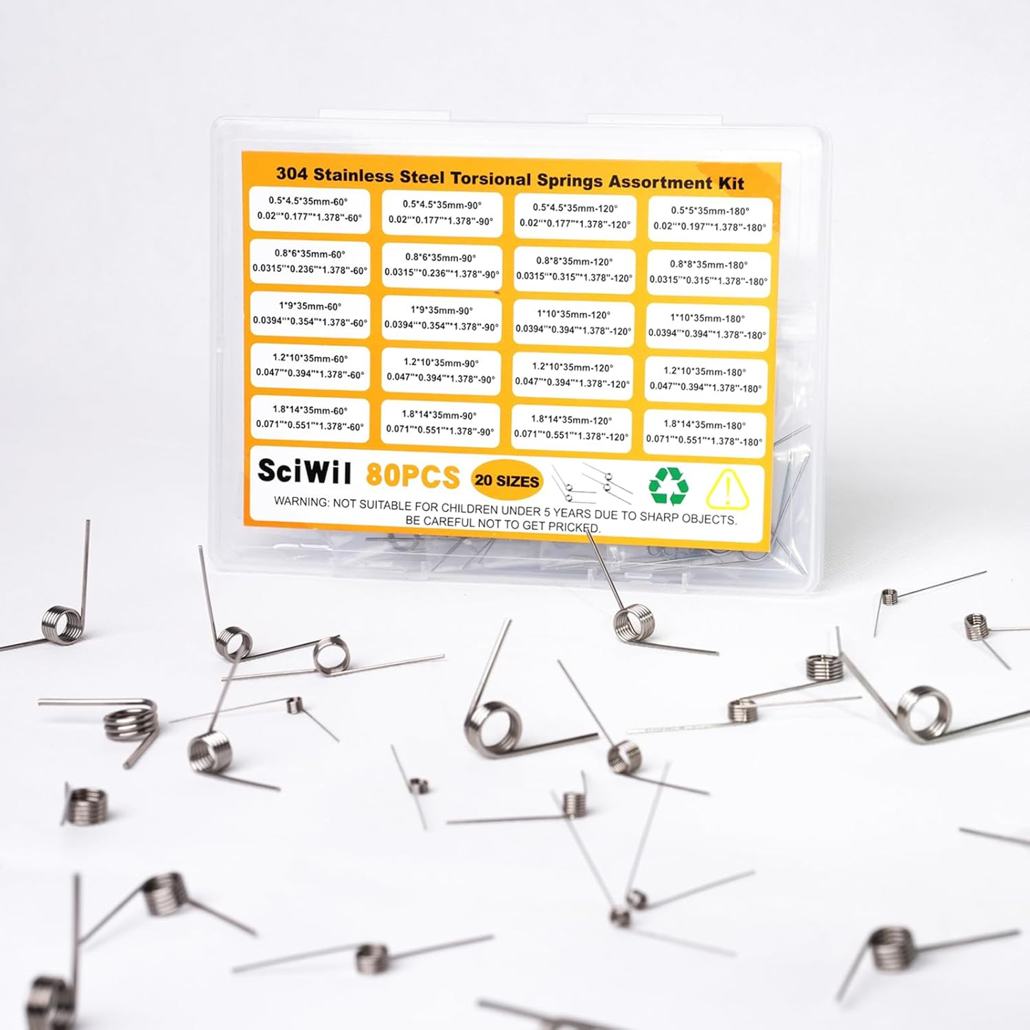 80PCS Torsion Spring Assortment Kit, 20 Sizes 60/90/120/180 Degree Stainless Ste