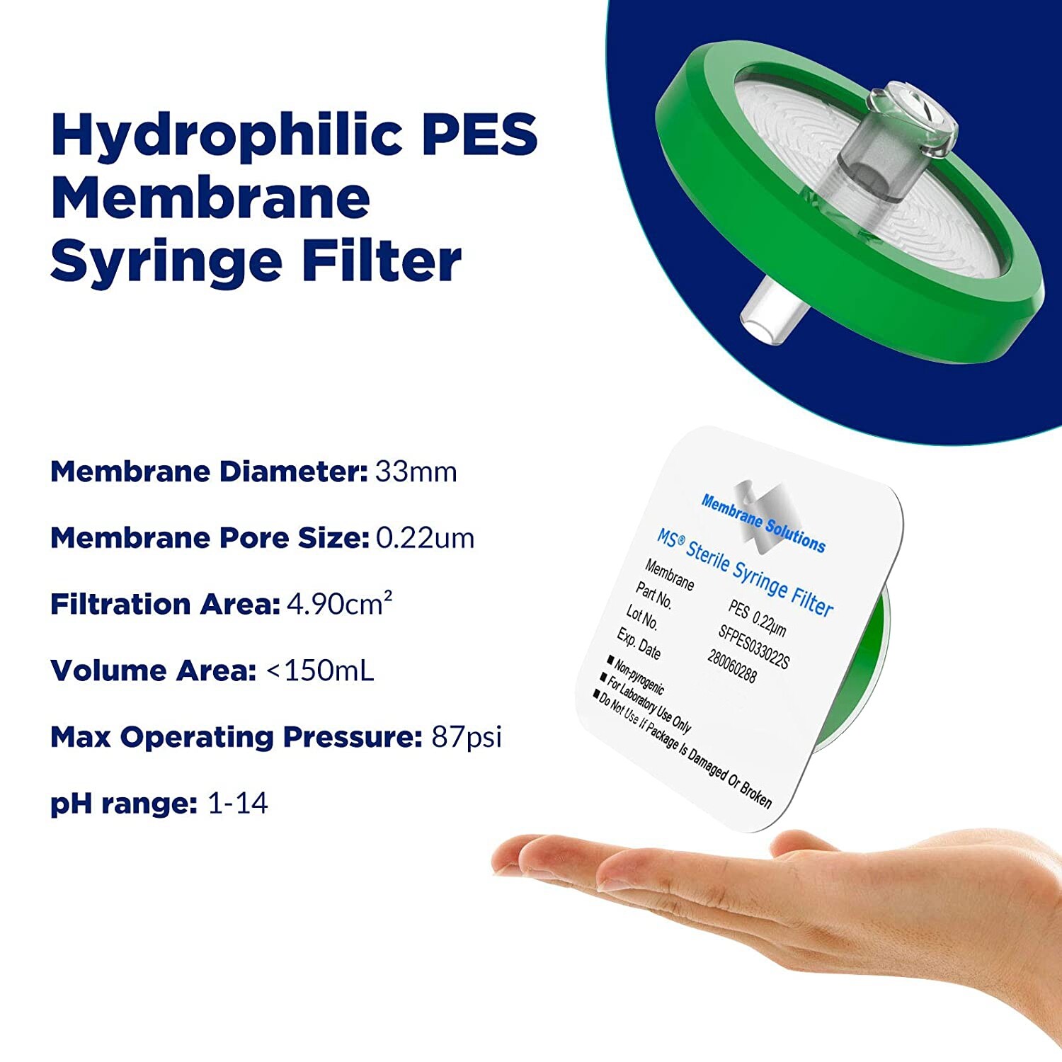 100pcs Lab PES STERILE Syringe Filter 33mm Diameter 0.22μm Pore Size Hydrophilic