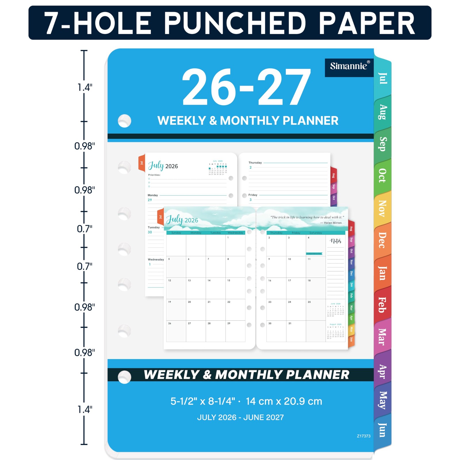 A5 Planner Refills 2026-2027 Weekly Monthly Inserts 7 Hole Jul26-Jun27 Tabs (