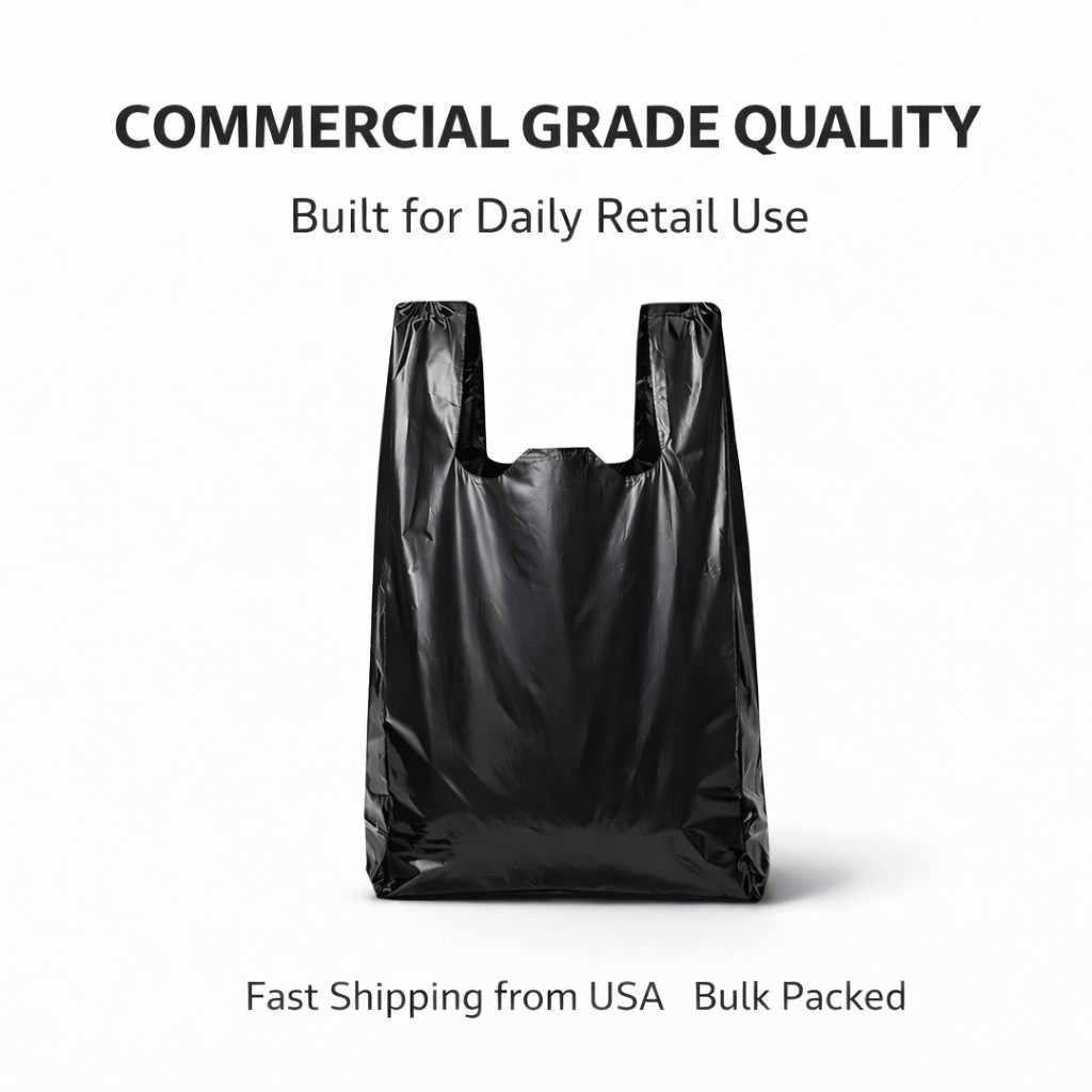 Bags 1/6 21 x 6.5 x 11.5 Extra Heavy Duty 1.18 Mil BLACK T-Shirt Plastic Grocery