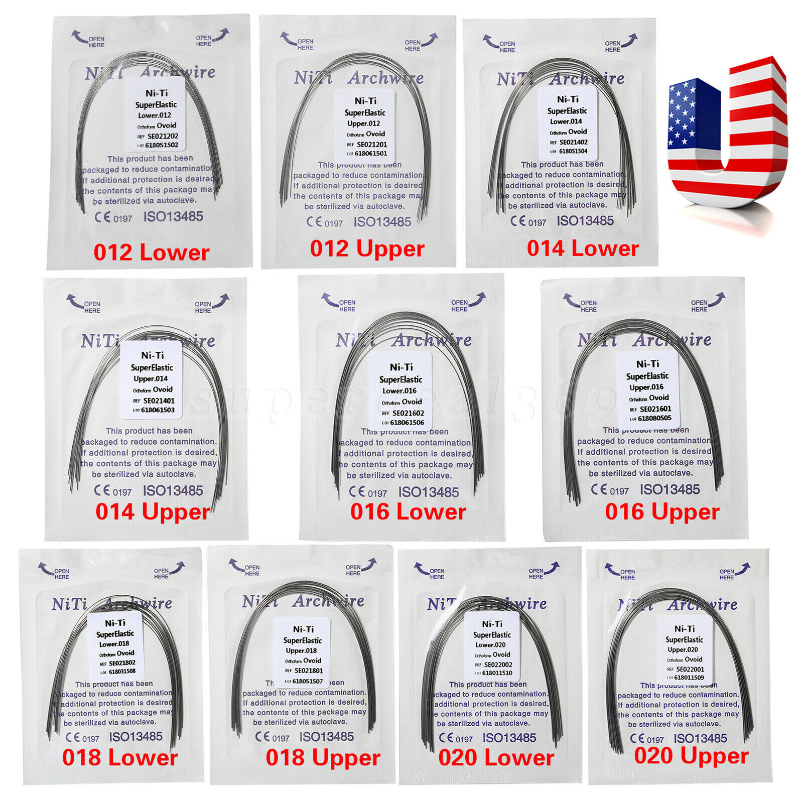 Dental Ortho Super Elastic Niti Round Arch Wire Ovoid 012-020upper/lower all MX