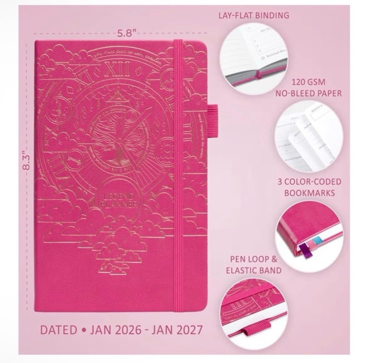 Legend Planner | Hourly Planner 2026 | A5 5.5×8.3 | Hot Pink & Gold | SEALED