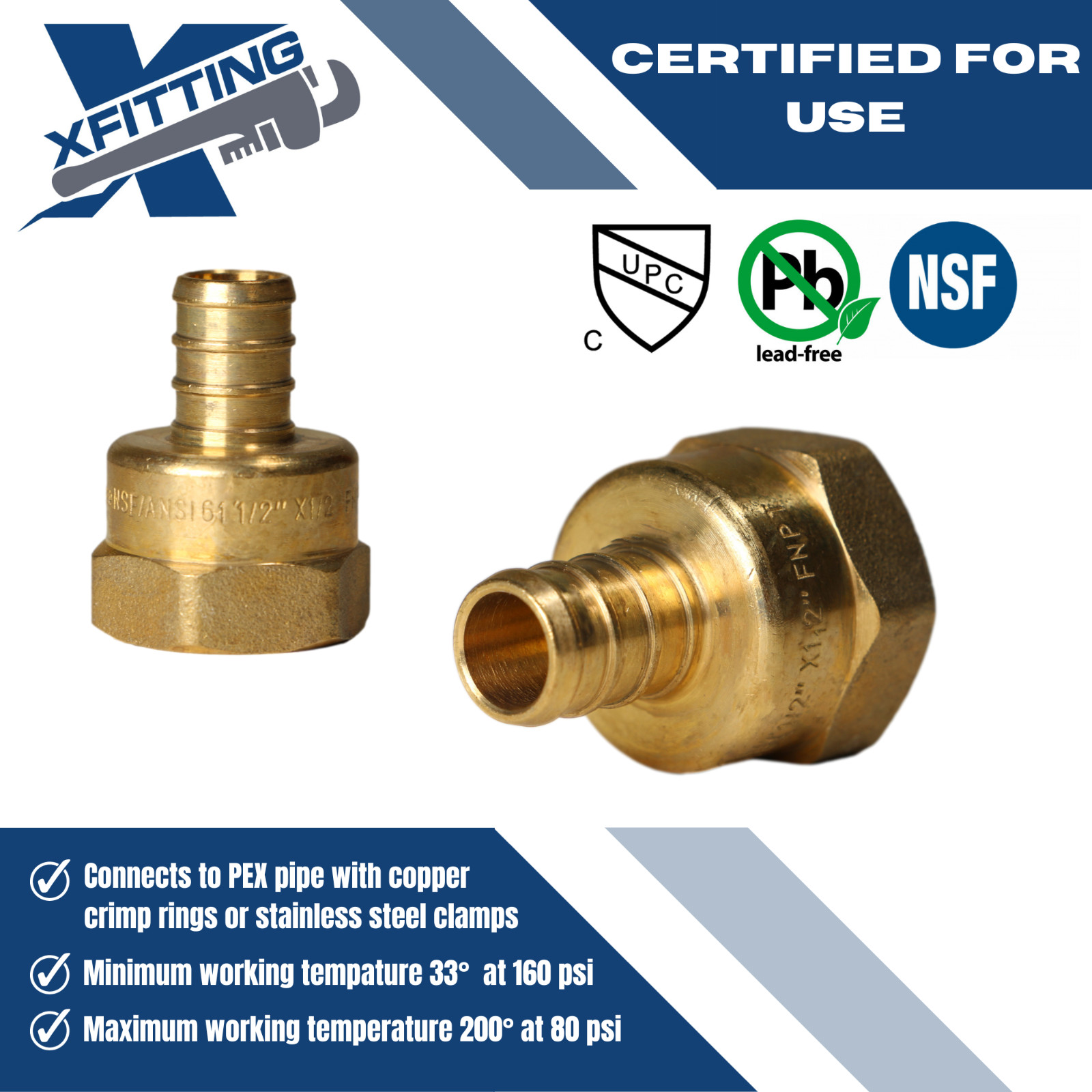 (100) 1/2″ PEX X 1/2″ FEMALE NPT THREADED ADAPTER BRASS CRIMP FITTING LEAD FREE