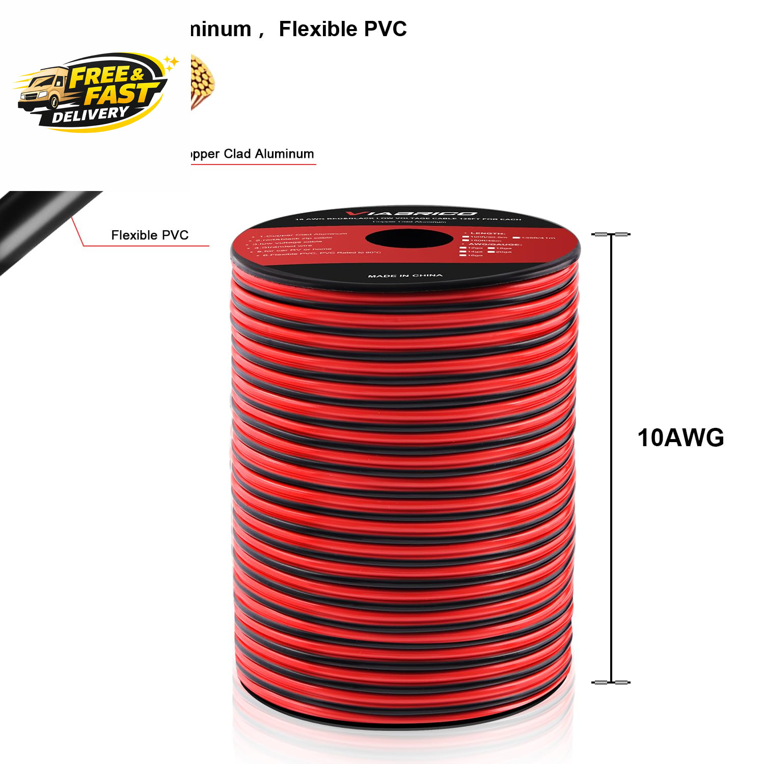 10 Gauge Wire 100FT, 2 Conductors Electrical Wire Red Black Cable, Flexible/