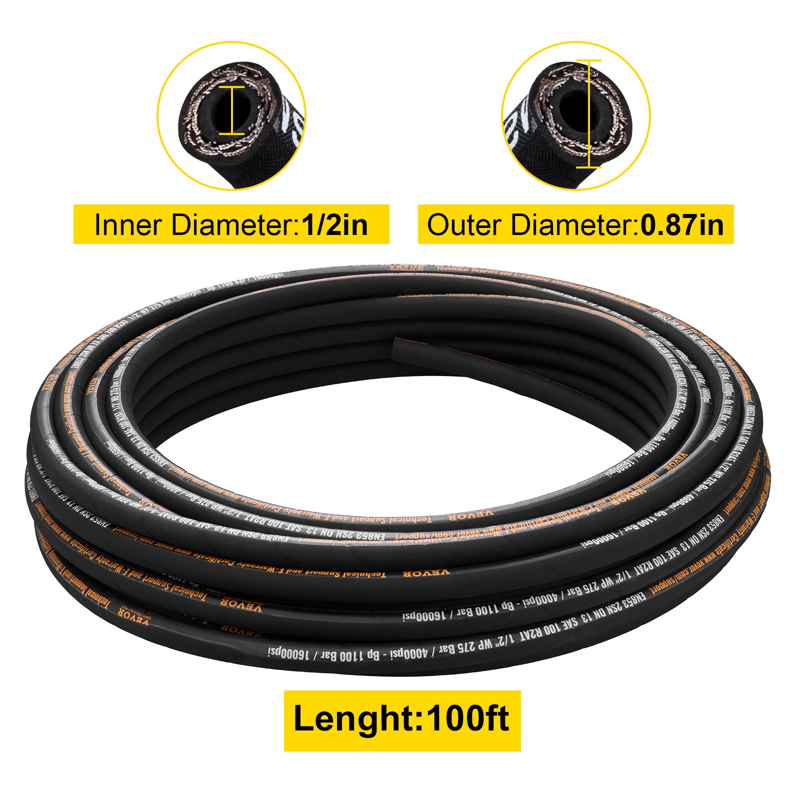 VEVOR Hydraulic Hose Coiled Hydraulic Hose 100ft 1/2″ 2 steel wire 4000 PSI