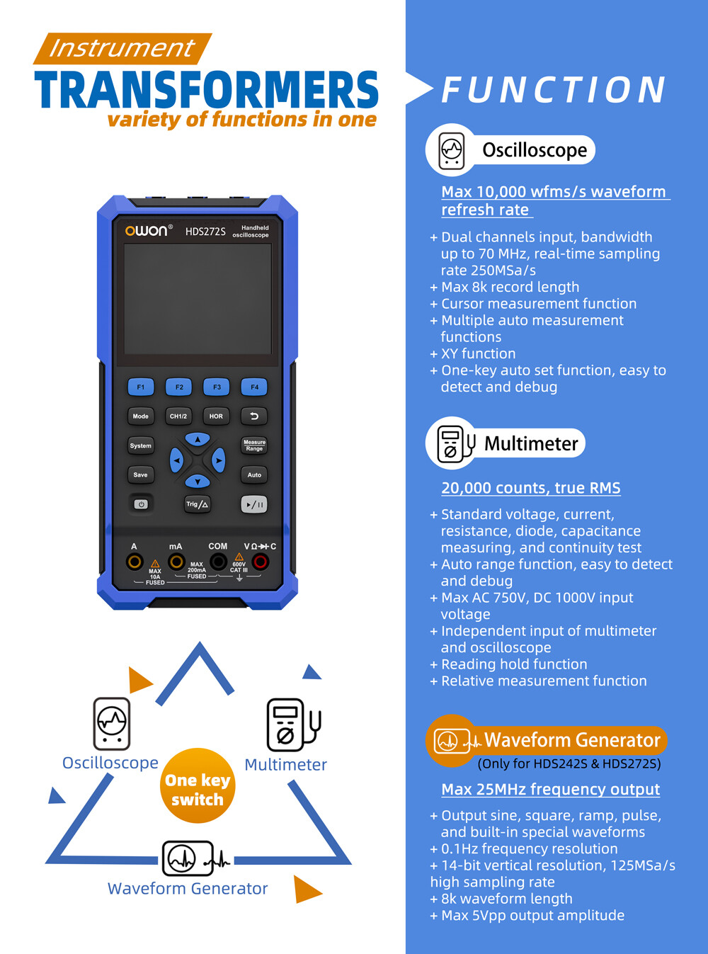 OWON HDS272 3.5″ 2CH Handheld Oscilloscope 70MHz Bandwidth 20000 Counts 0-2V