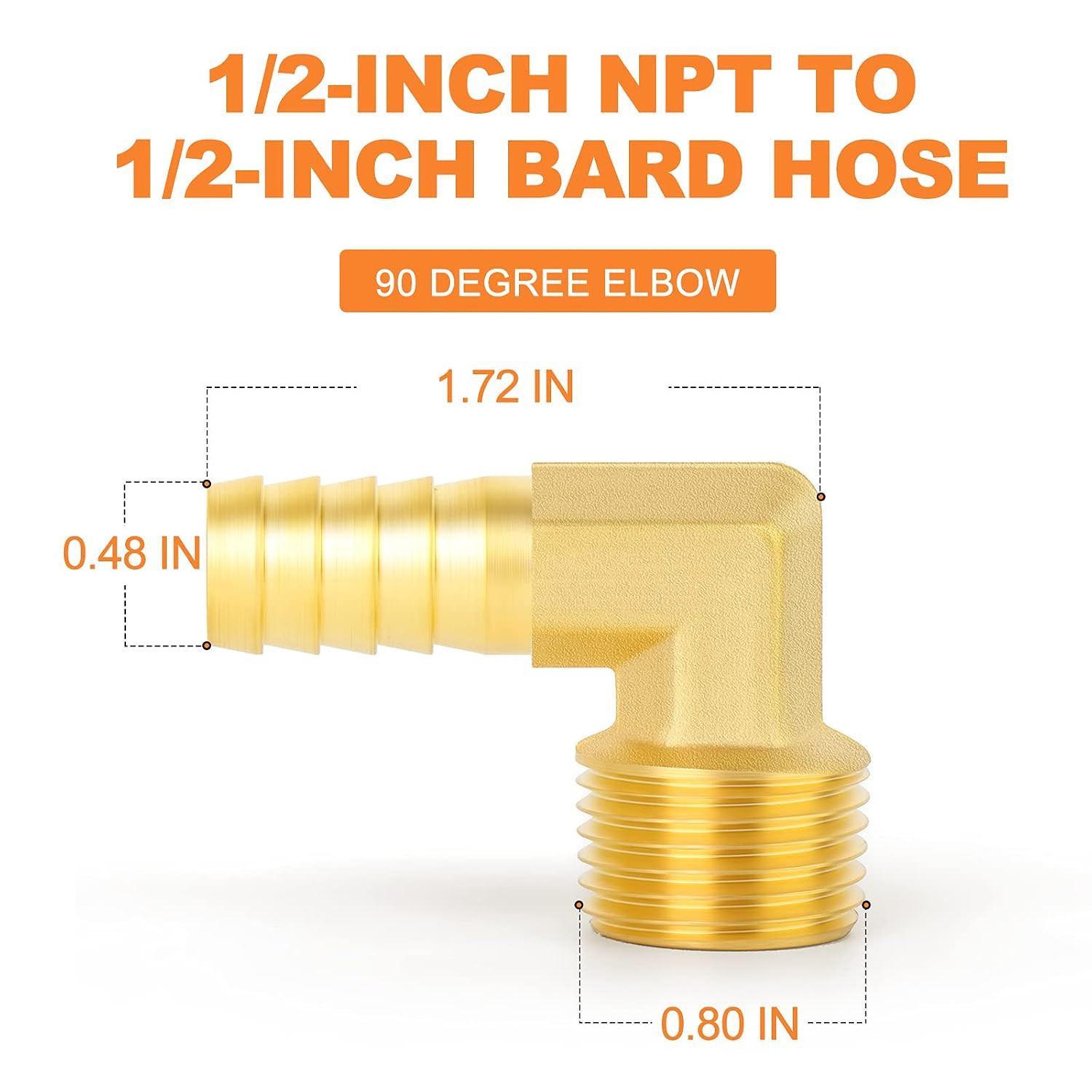 2 Pieces Brass Hose Barb Reducer 90 Degree Elbow 1/2 Inch NPT to 1/2 Inch Barb H
